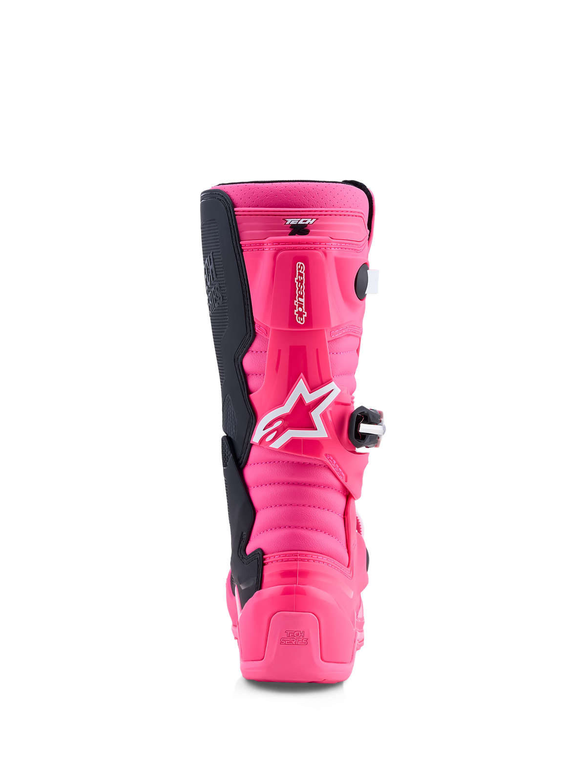 Bottes de motocross Alpinestars Tech 7S Junior, rose fluo et noires, protection en TPU et système de pivot, vue arrière.
