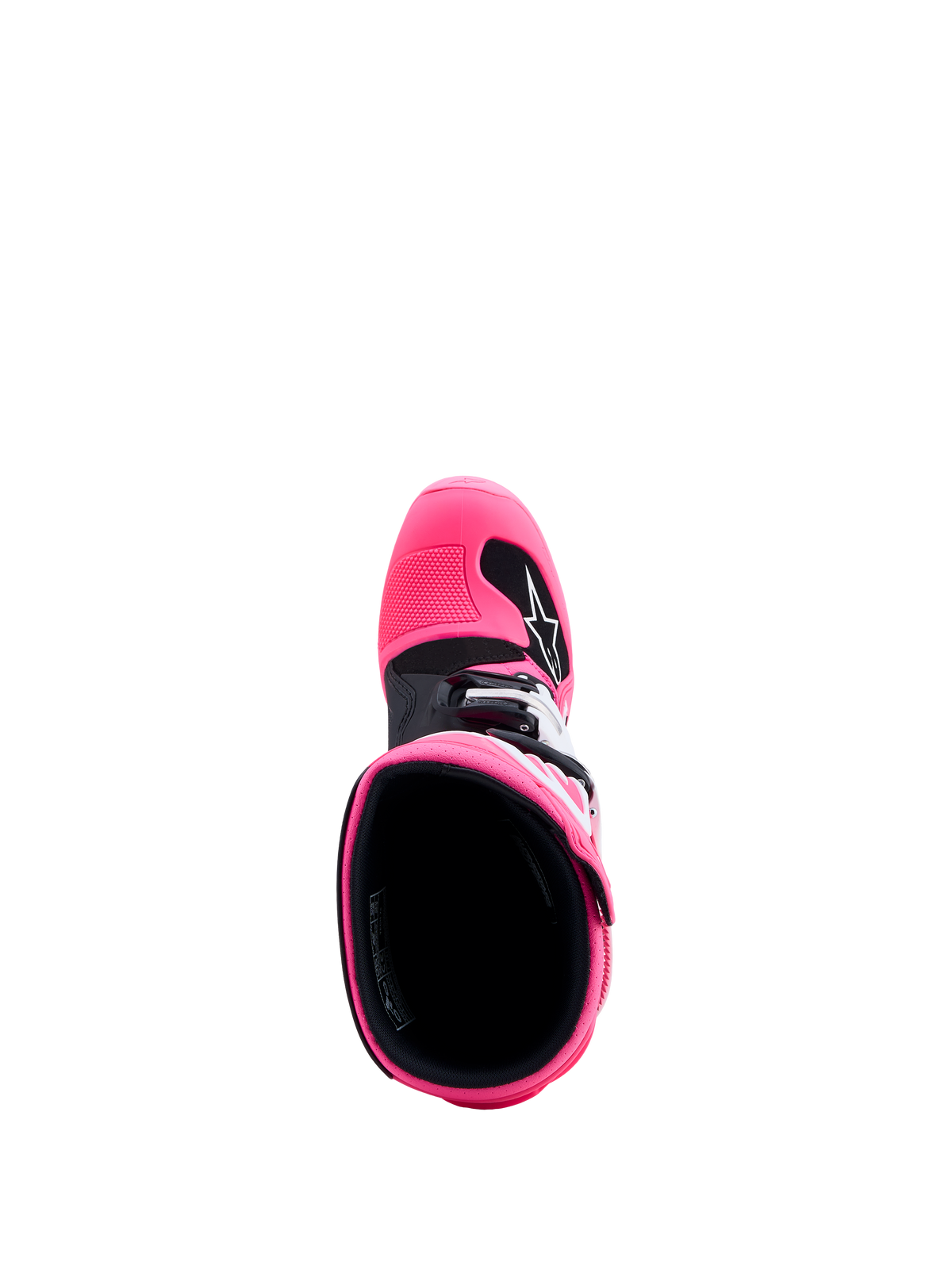 Alpinestars Tech 7S Junior, bottes de motocross rose fluo et noires, vue de dessus de l'intérieur et des protections TPU.