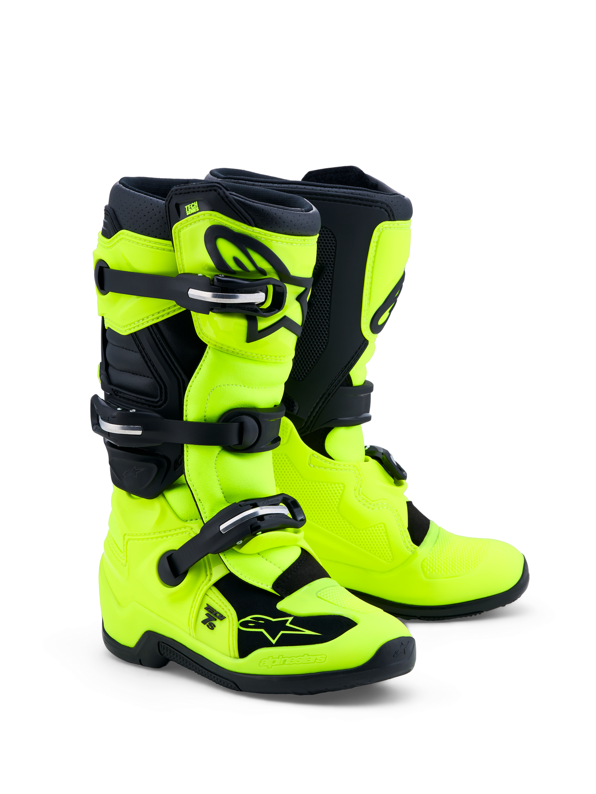 Alpinestars Tech 7S, bottes de motocross junior, jaune fluo et noires, certifiées CE avec protections TPU et système de pivot
