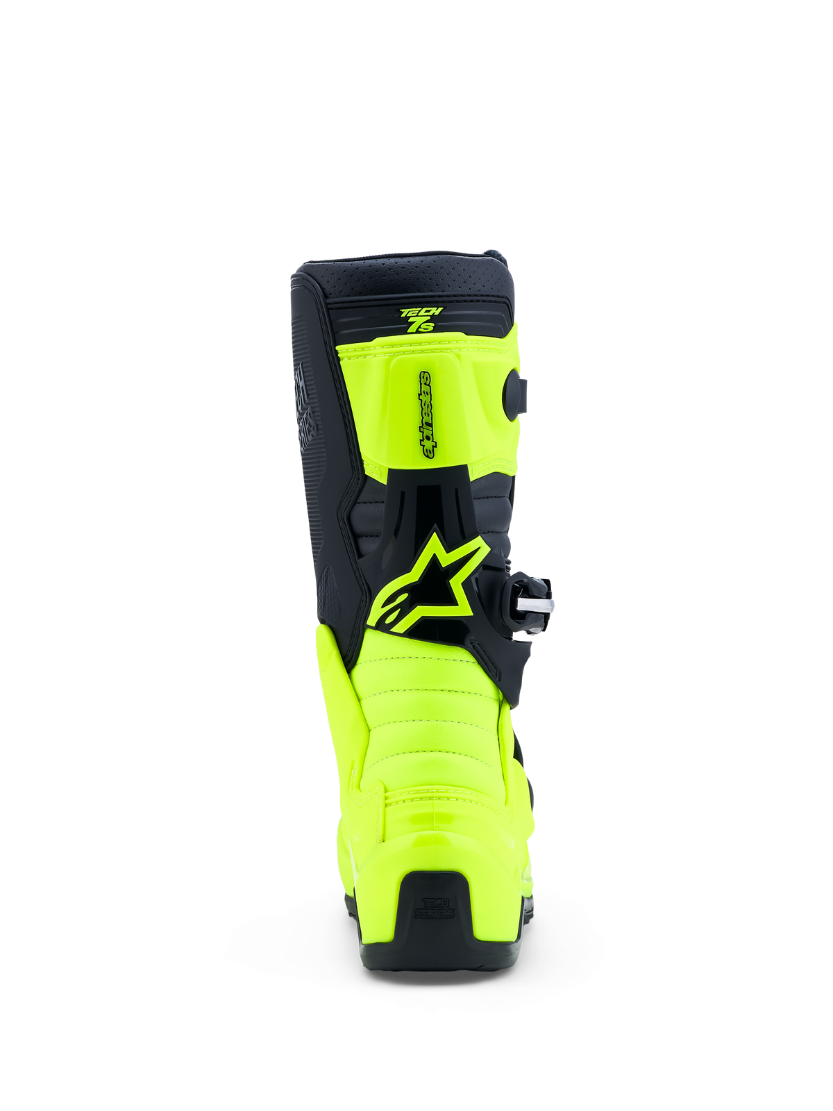 Alpinestars Tech 7S Junior, bottes de motocross noires et jaune fluo, vue arrière avec protections TPU et logo Astar.
