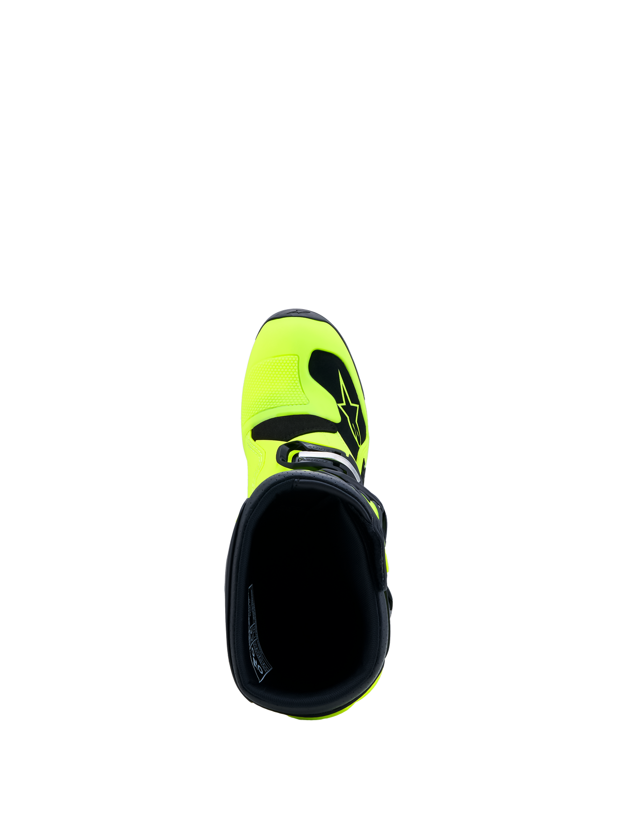 Alpinestars Tech 7S Junior, bottes de motocross pour enfant, jaune fluo et noires, vue de dessus du col intérieur