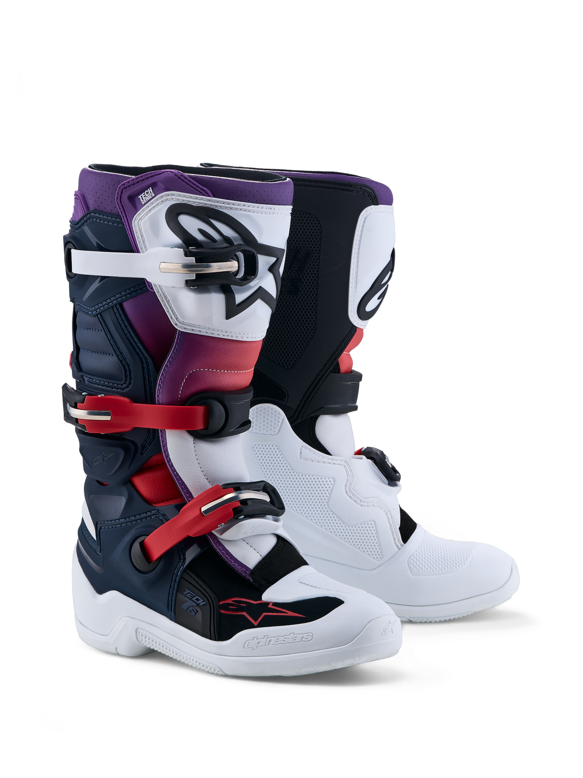 Bottes Alpinestars Tech 7S Junior, bottes de motocross tout-terrain pour enfant, bleu foncé et blanches, certifiées CE avec protections TPU et boucles de serrage.