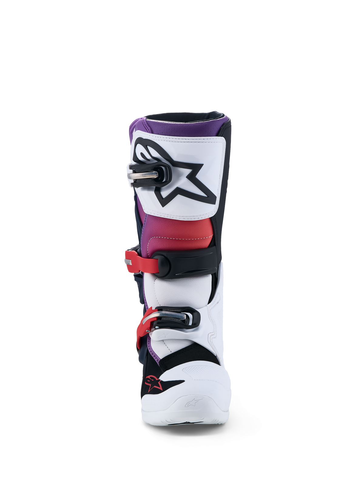 Alpinestars Tech 7S Junior, bottes de motocross violettes et blanches, protection TPU et système de boucles sécurisé.