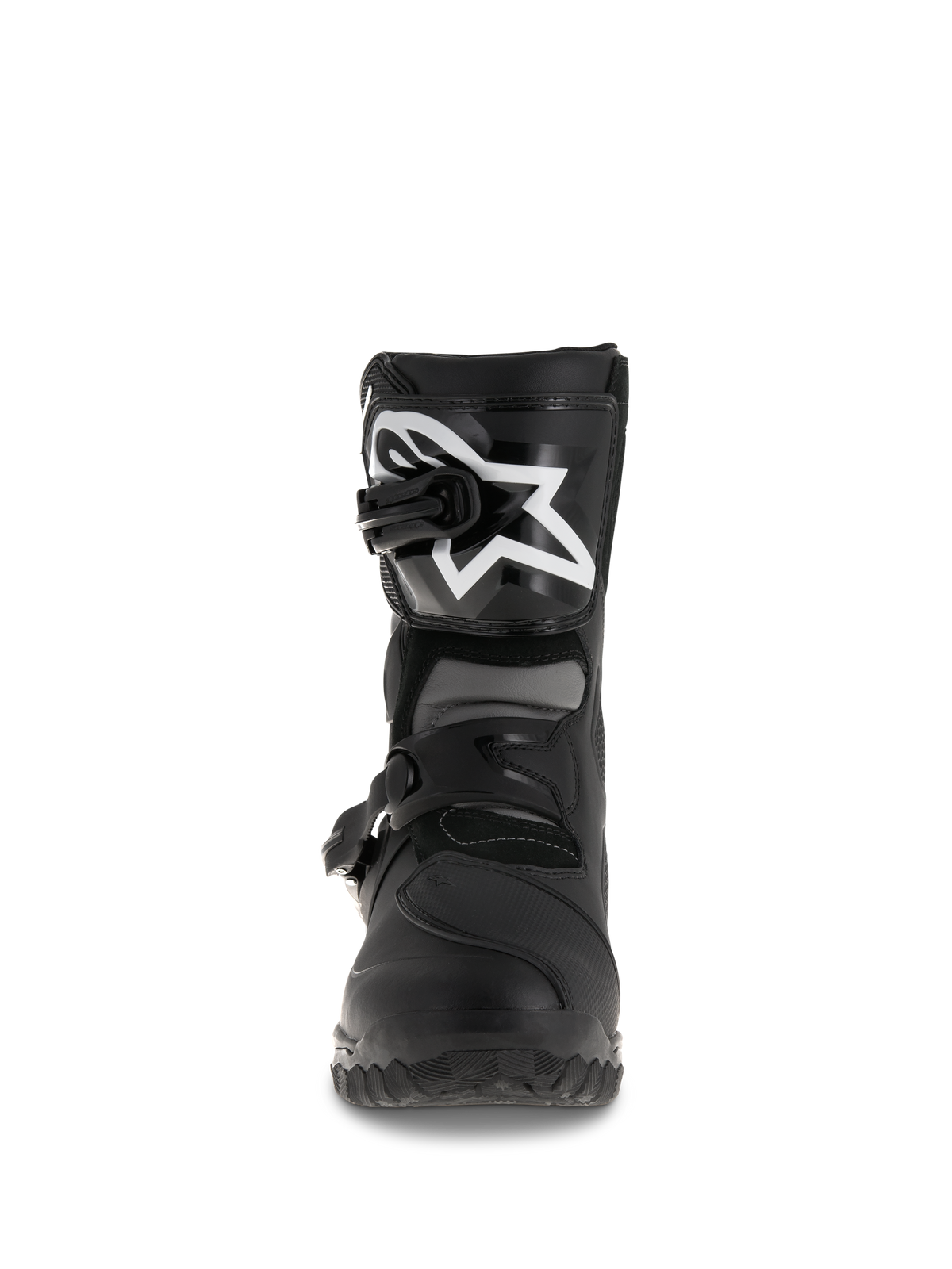Bottes Alpinestars Belize Drystar®, bottes de moto d'aventure et de touring, noires, vue de face présentant une plaque de tibia en TPU avec un grand logo blanc, un système de fermeture à double boucle et une semelle extérieure vulcanisée robuste