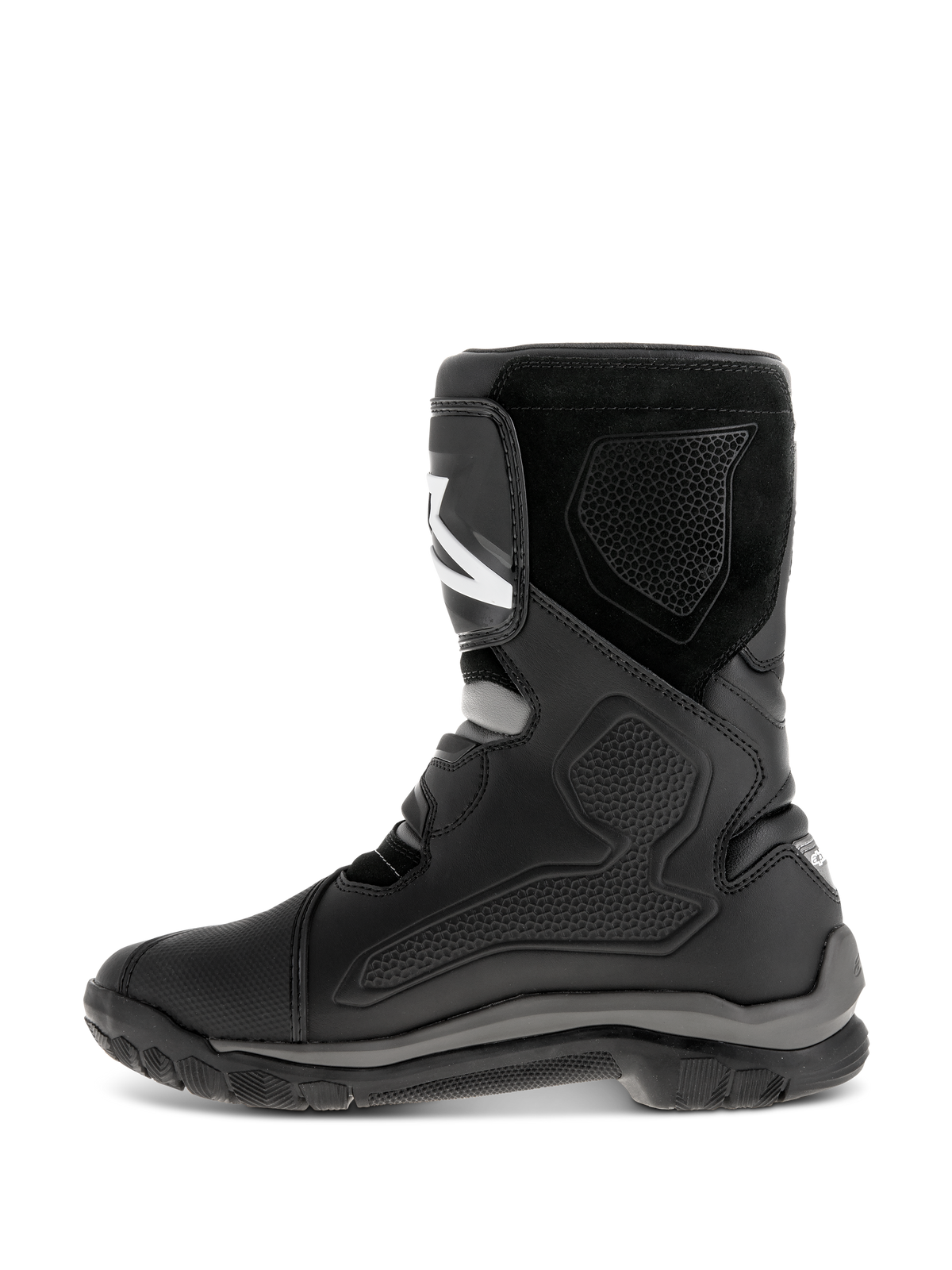Bottes Alpinestars Belize Drystar®, bottes de moto noires, vue de profil montrant la construction en cuir avec panneaux de protection en TPU, texture en daim et semelle extérieure robuste en caoutchouc vulcanisé pour l'aventure et le touring