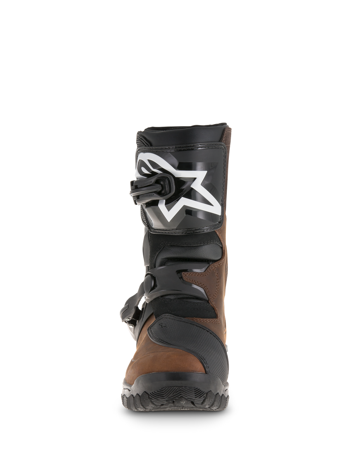 Alpinestars Belize Drystar® Boots, Adventure Touring Boots, Oiled Brown and Black, front view showing TPU shin plate with white star logo, dual buckle closure system, and rugged textured sole