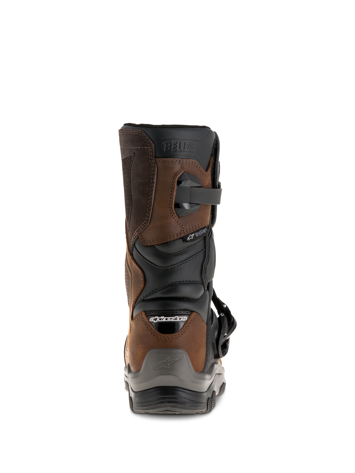 Alpinestars Belize Drystar® Boots, rear view, Oiled Brown and Black, waterproof adventure touring motorcycle boots featuring a short-calf design, embossed 'BELIZE' logo, and rugged heel protector.