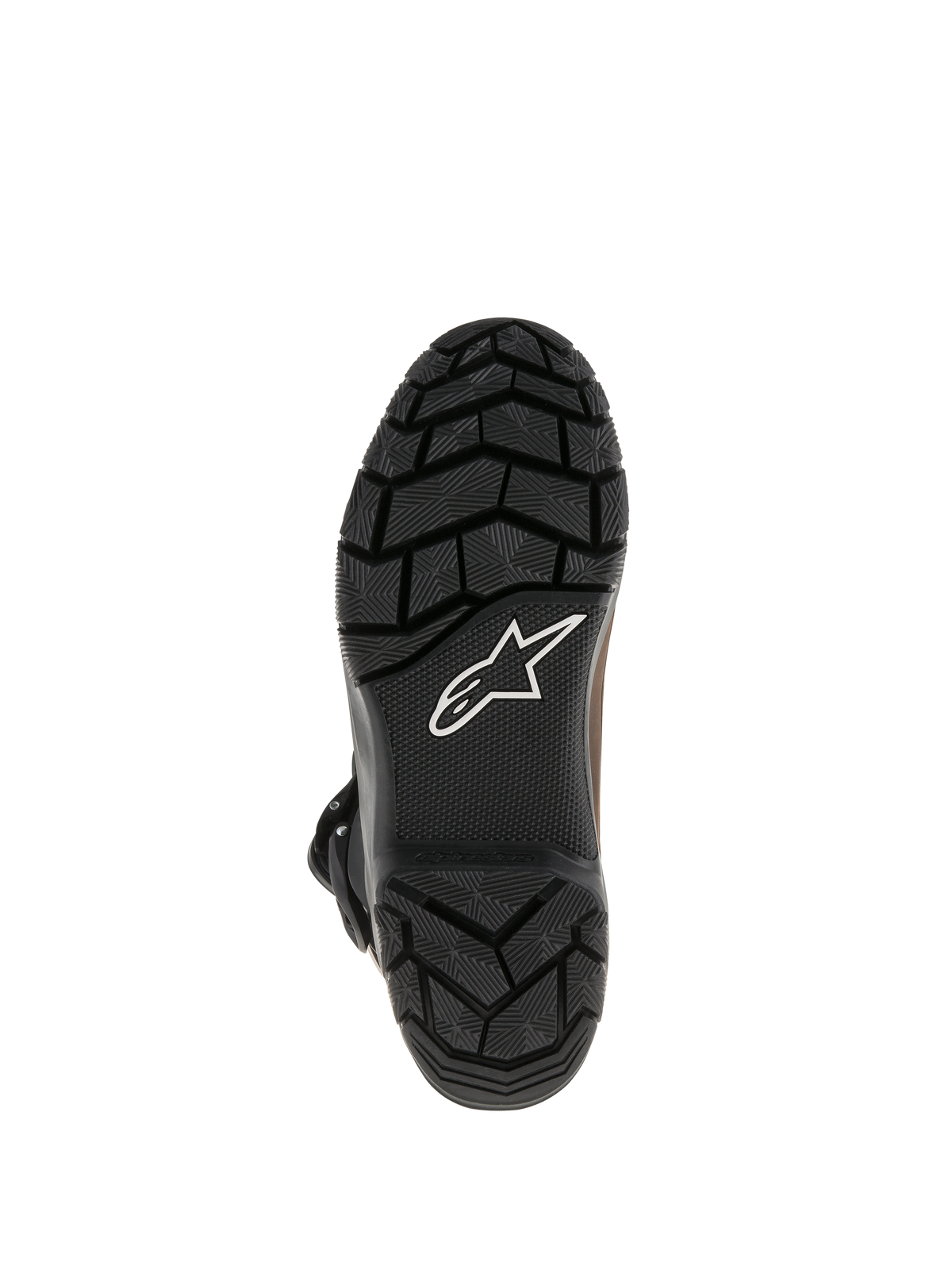 Alpinestars Belize Drystar® Boots, black vulcanized rubber outsole with rugged textured tread pattern, featuring white Alpinestars star logo, durable grip design for adventure touring