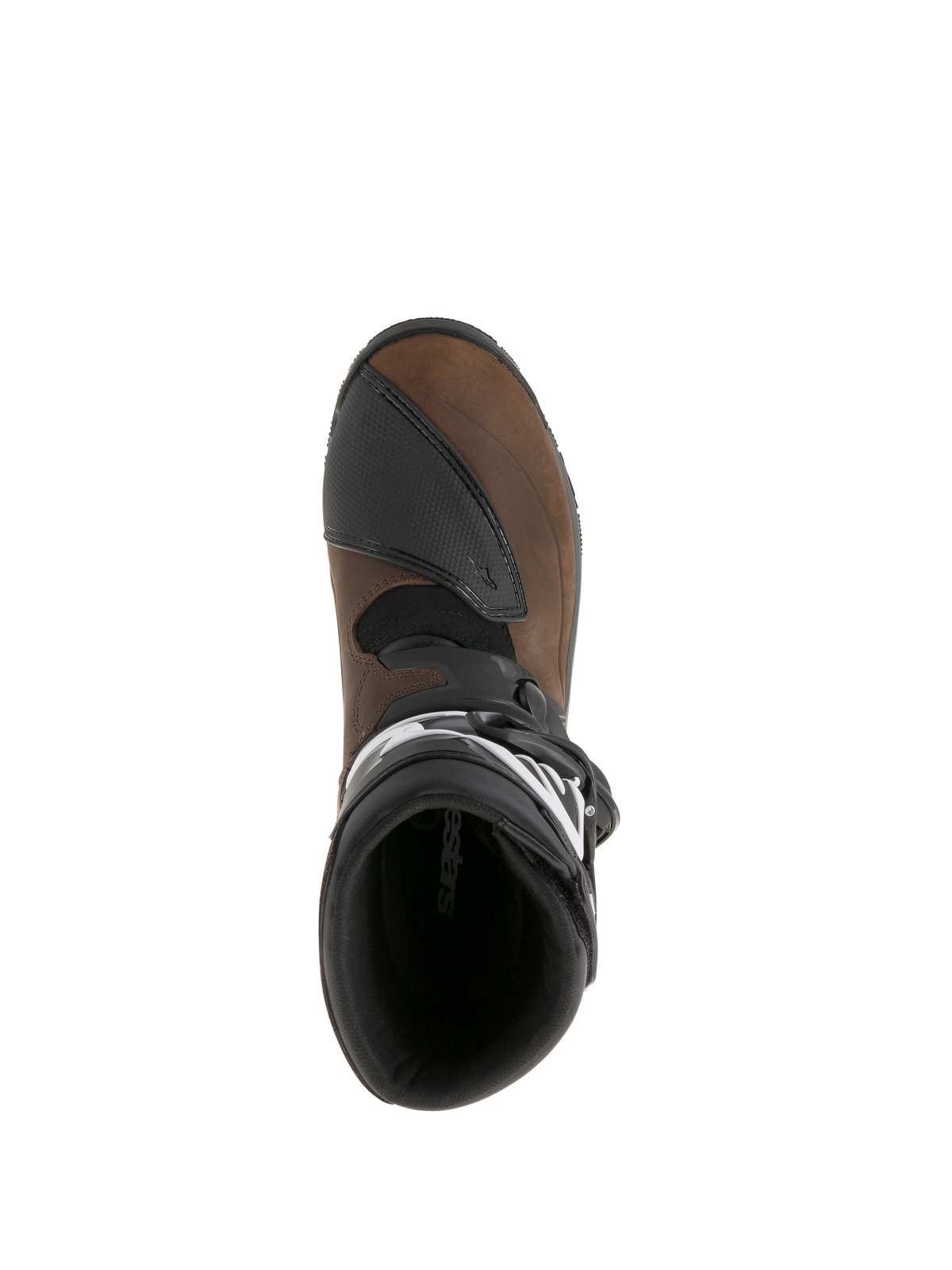 Alpinestars Belize Drystar® Boots, Oiled Brown and Black, top-down view showing the interior lining and textured shift pad, leather adventure touring motorcycle boots
