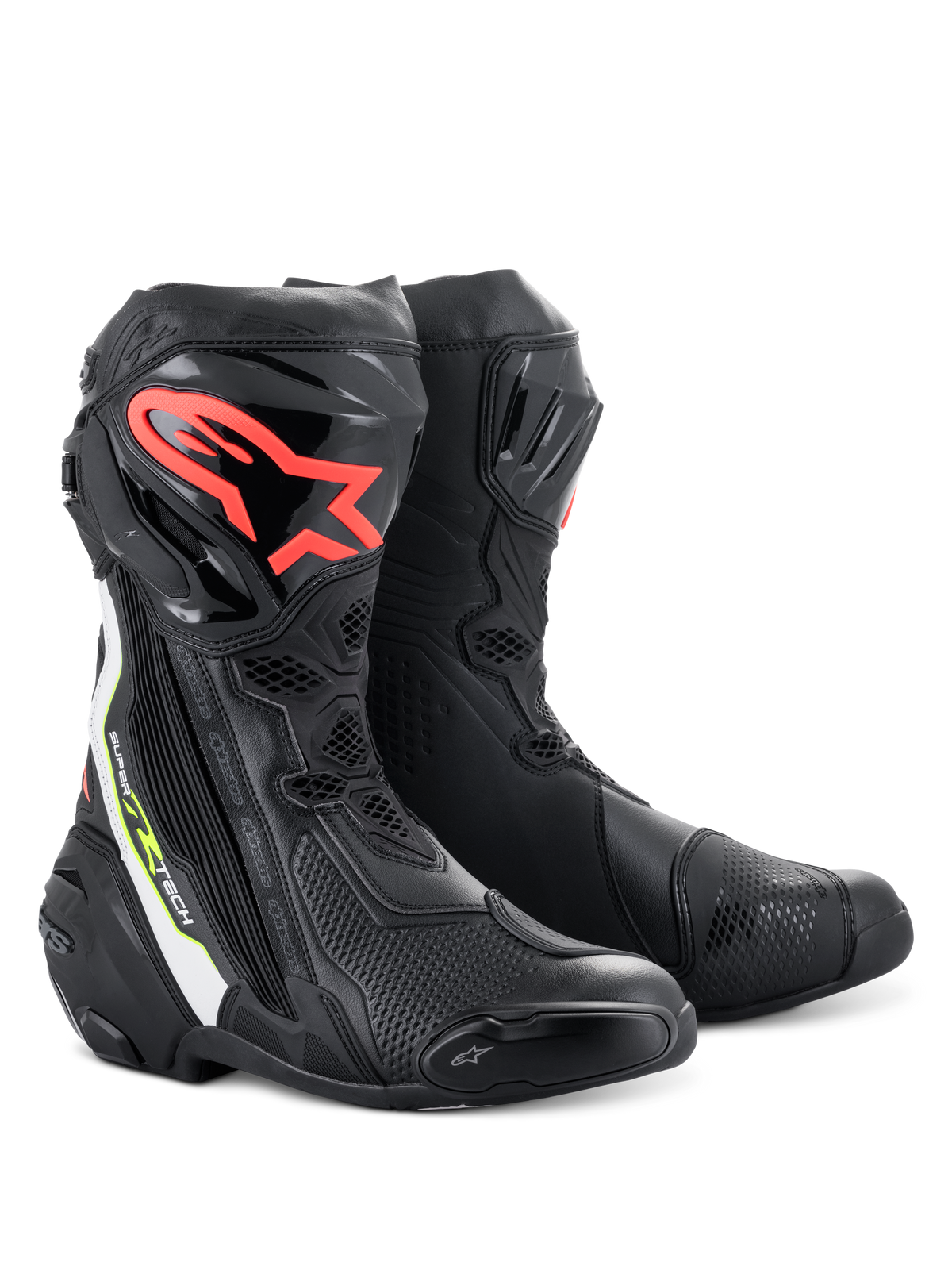 Alpinestars Supertech R laarzen, hoogwaardige motorrace-laarzen, zwart met rood Alpinestars-logo op de scheen, witte en fluorescerend gele accenten, met technische microvezelconstructie en beschermende TPU-scheenplaten.