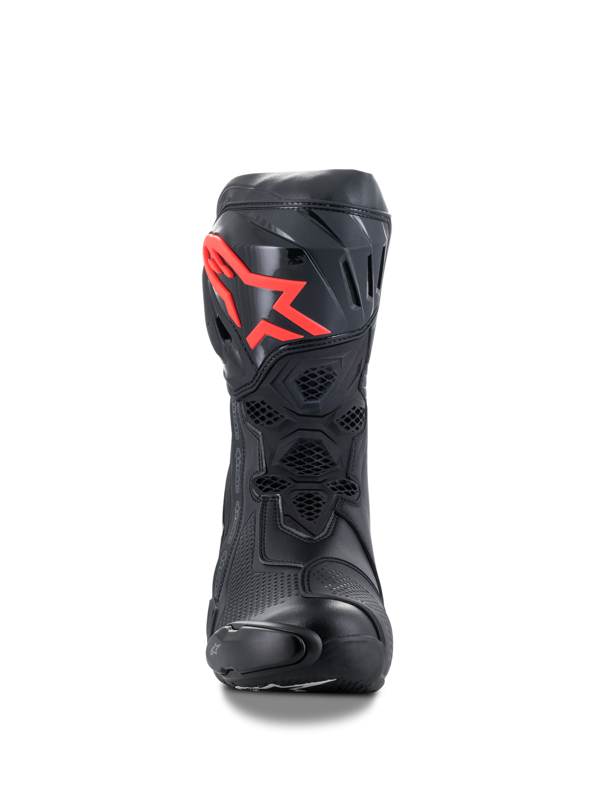Alpinestars Supertech R laarzen, performance racing motorlaarzen, zwart met rood logo, vooraanzicht met een beschermende TPU-scheenplaat, honingraat mesh-ventilatie en aerodynamisch raceontwerp