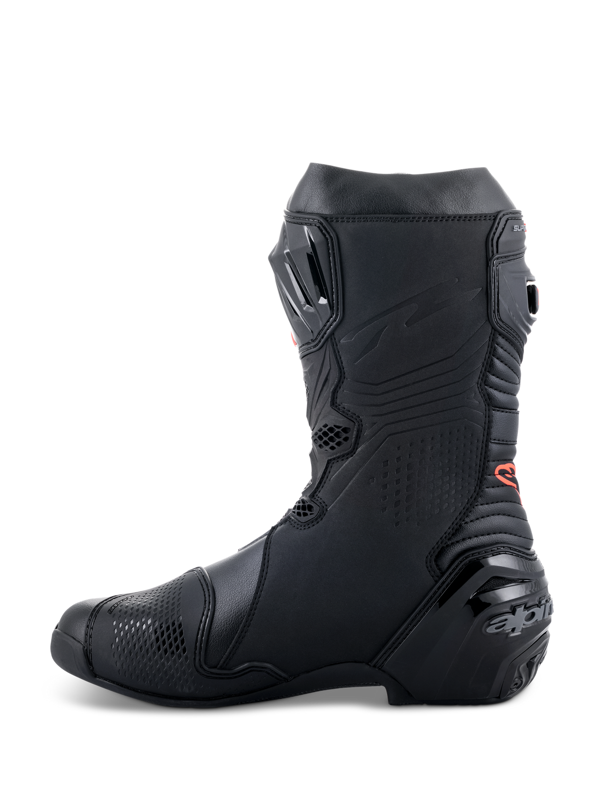 Alpinestars Supertech R laarzen, high-performance motorrace-laarzen, strak volledig zwart ontwerp met rood logodetail, zijprofiel met versterkte hiel en TPU-beschermingspanelen