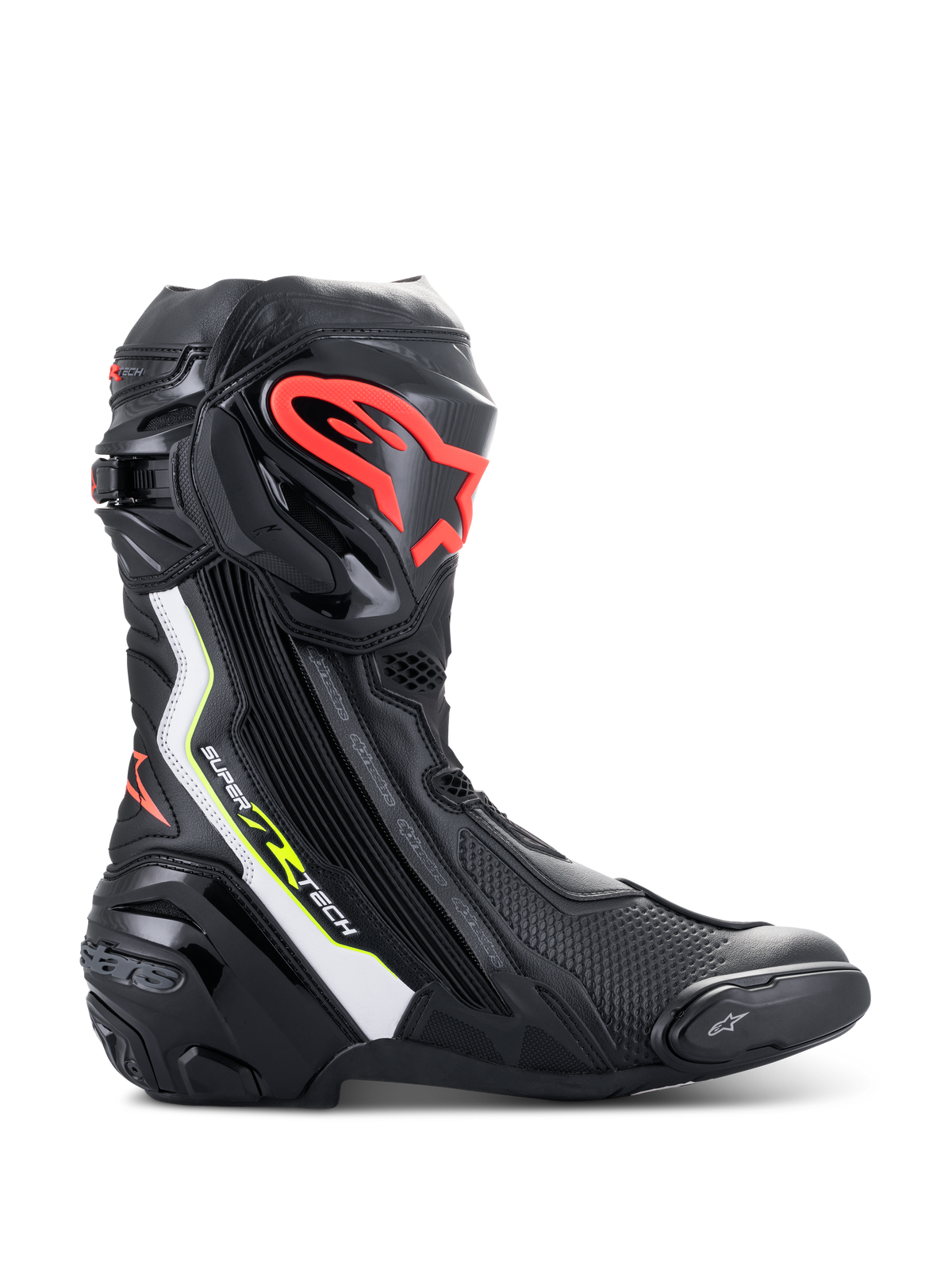 Alpinestars Supertech R Boots, hoogwaardige motorrace-laarzen in zwart met witte, rood fluo en geel fluo accenten, voorzien van een beschermende TPU-scheenplaat met een rood logo, vervangbare teenslider en een gestroomlijnd aerodynamisch profiel.