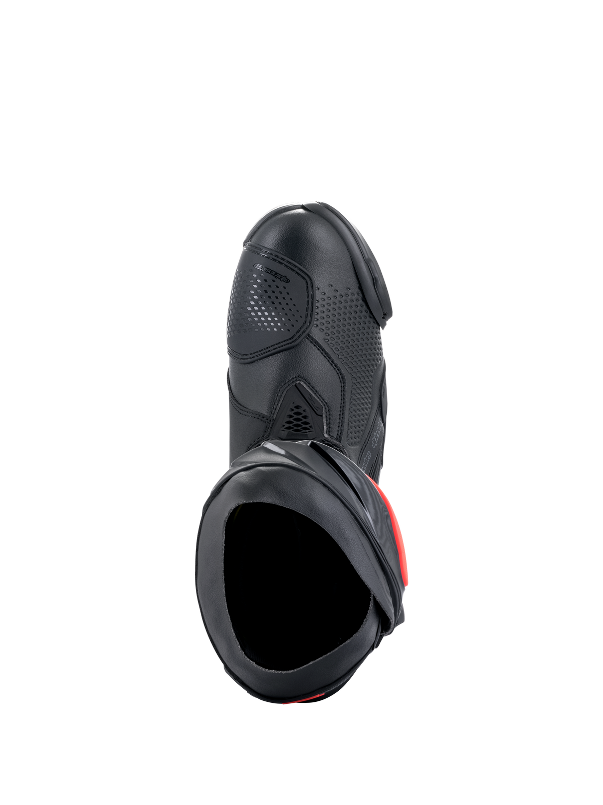 Alpinestars Supertech R laarzen, performance motorrace-laarzen, zwart met rode accenten, bovenaanzicht met weergave van het microvezel bovenwerk, geperforeerde textuur, TPU-schakelzone en veilige instapopening.