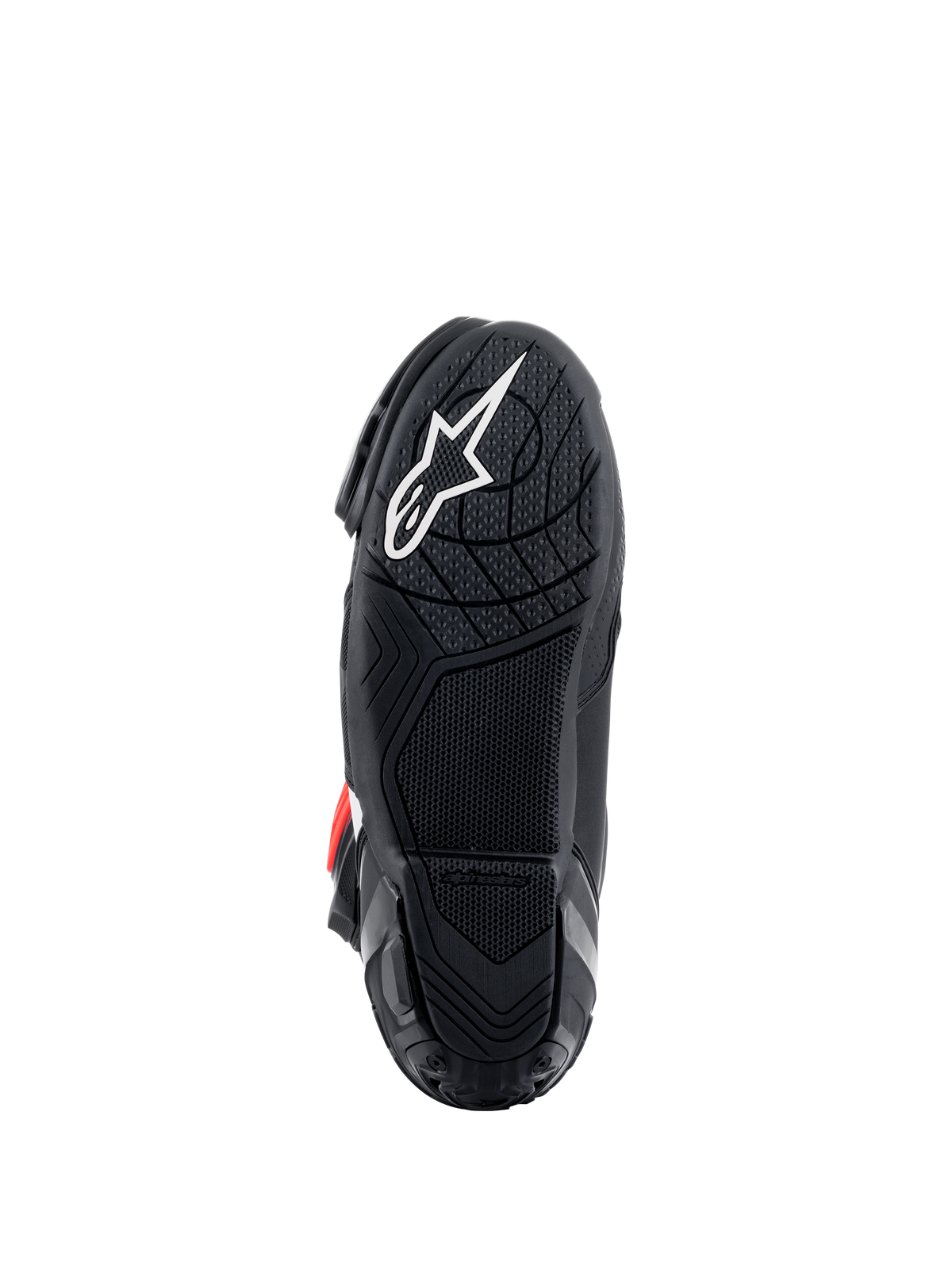 Alpinestars Supertech R-laarzen, onderaanzicht van de zool, zwarte lichtgewicht rubbercompound met geprofileerd grippatroon, wit Alpinestars sterlogo, hoogwaardig motorrace-schoeisel