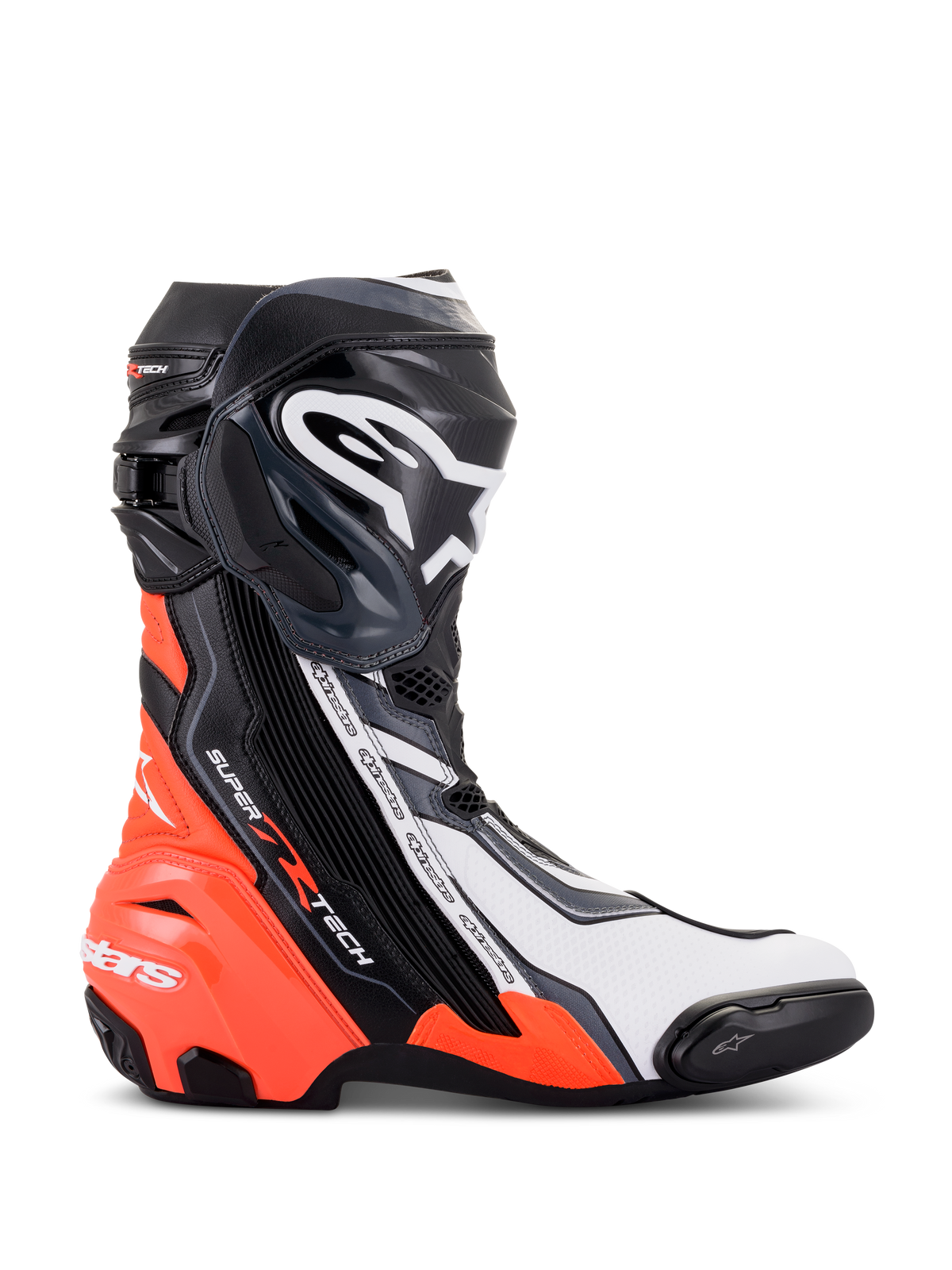 Alpinestars Supertech R laarzen, hoogwaardige race-motorlaarzen, zwart, rood fluo, wit en grijs, zijaanzicht met TPU-scheenplaat en teenslider, aerodynamisch ontwerp met opvallende branding voor circuit- en weggebruik