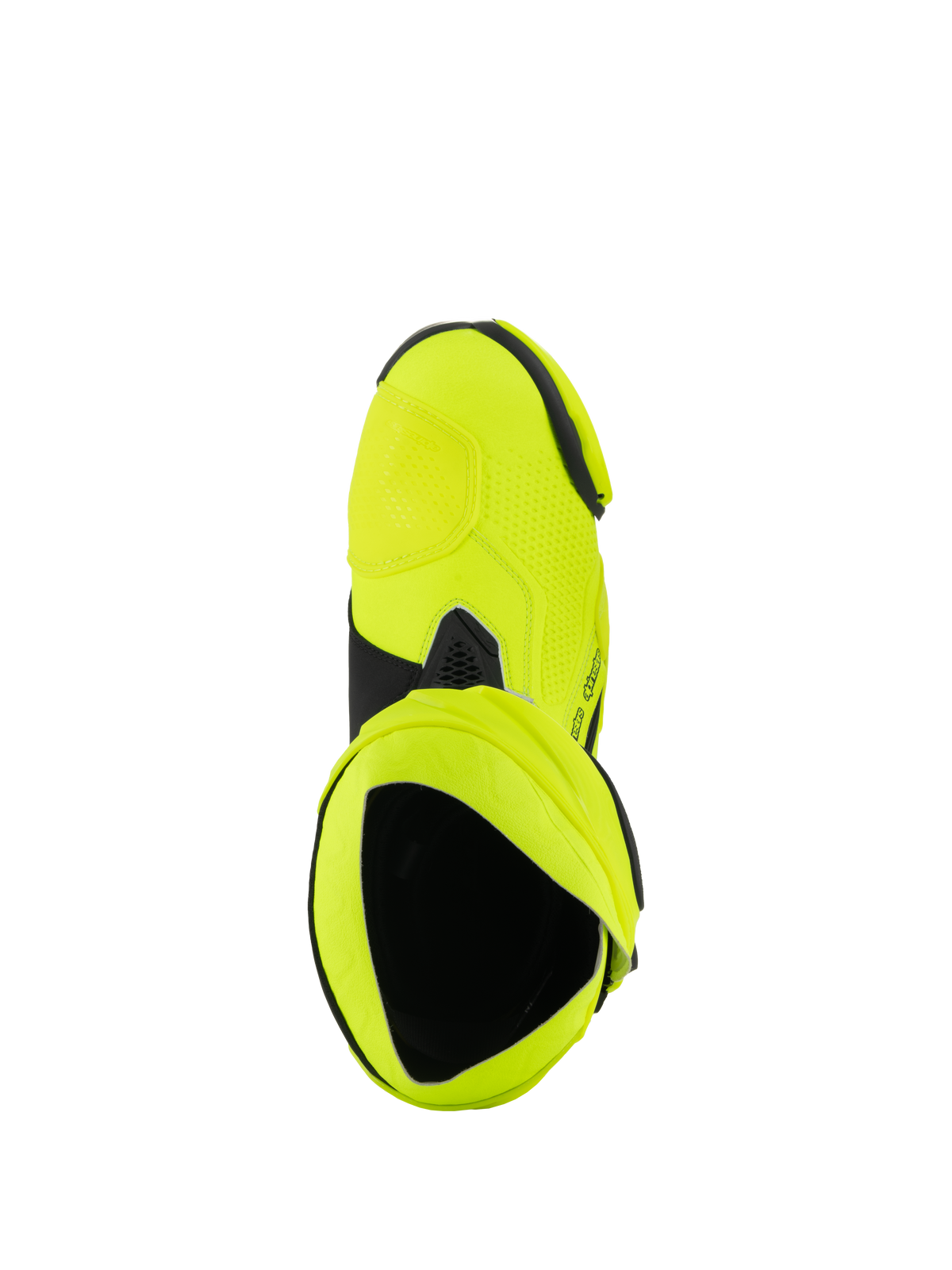 Alpinestars Supertech R laarzen, motorracelaarzen, Yellow Fluo Black, bovenaanzicht met zicht op de binnenzijde van de laars, fel neongele afwerking met zwarte accenten en gaiter-detail