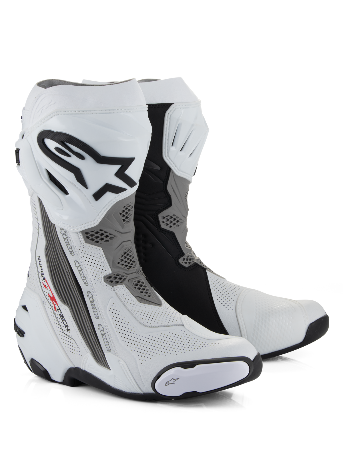 Bottes Alpinestars Supertech R Vented, bottes de moto de course, blanc, gris moyen et noir, dotées d'une construction en microfibre perforée pour la circulation de l'air, plaque de tibia en TPU avec logo Alpinestars et sliders remplaçables, design professionnel pour la piste