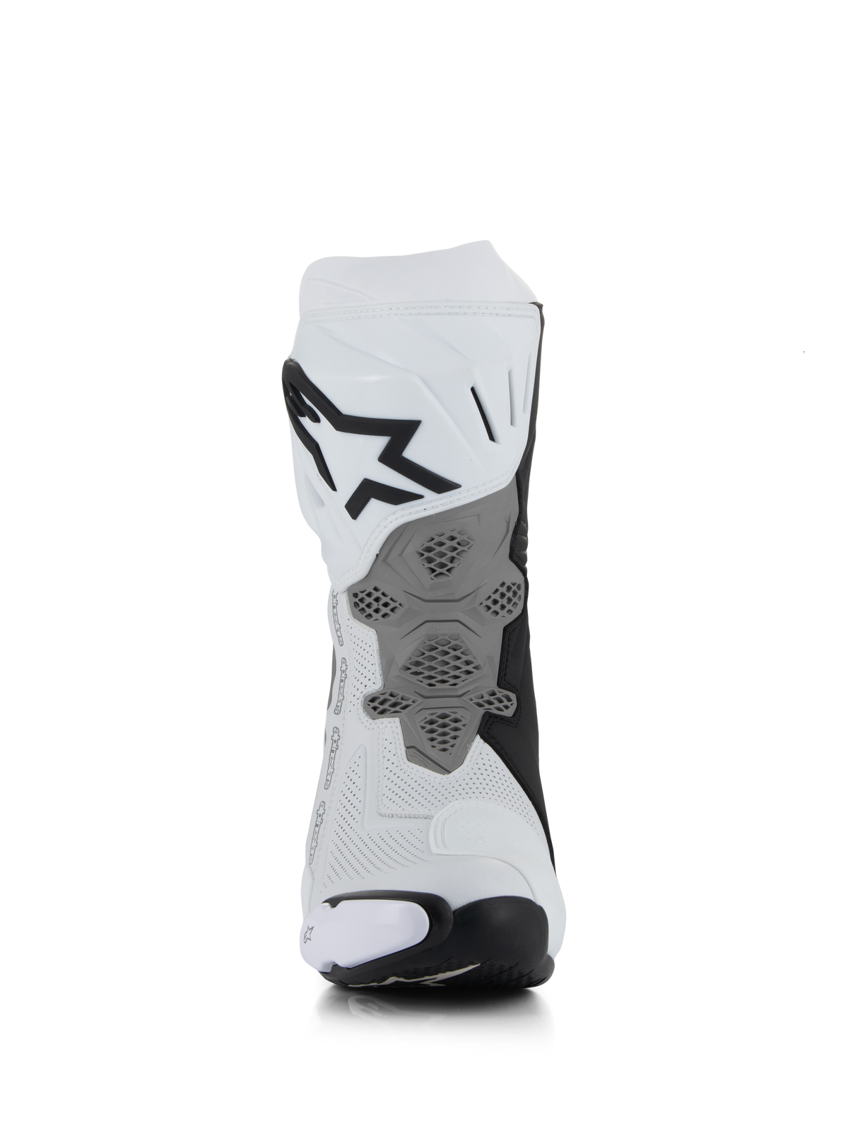 Bottes Alpinestars Supertech R Vented, blanc, gris moyen et noir, vue arrière montrant la construction en microfibre perforée, plaque de talon grise redessinée avec texture en nid d'abeille, logo noir imposant sur le haut du mollet, chaussures de moto professionnelles de course et de sport