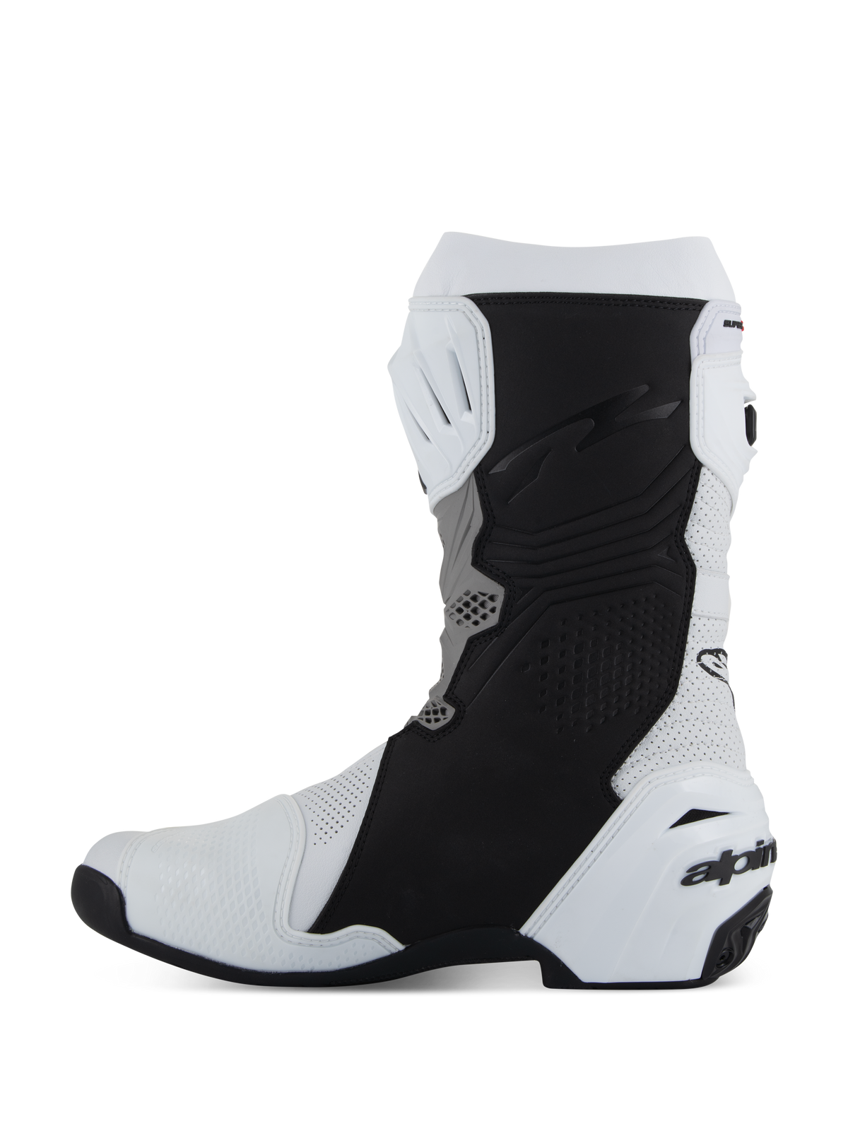Bottes Alpinestars Supertech R Vented, chaussures de moto racing et sport, blanc, gris moyen et noir, vue de profil du côté médial avec microfibre perforée pour la circulation de l'air, panneaux de protection noirs et contrefort de talon en TPU blanc avec logo