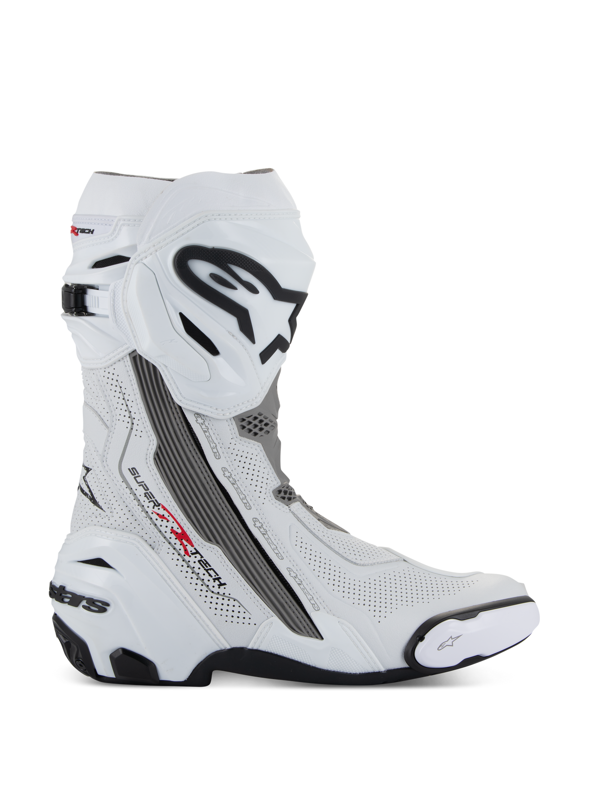 Bottes Alpinestars Supertech R Vented, bottes de course moto, blanches avec des accents gris moyen et noirs, vue de profil montrant les panneaux en microfibre perforés pour la circulation de l'air, grand logo Alpinestars noir et blanc sur le tibia, design aérodynamique avec sliders remplaçables et semelle en caoutchouc noir.