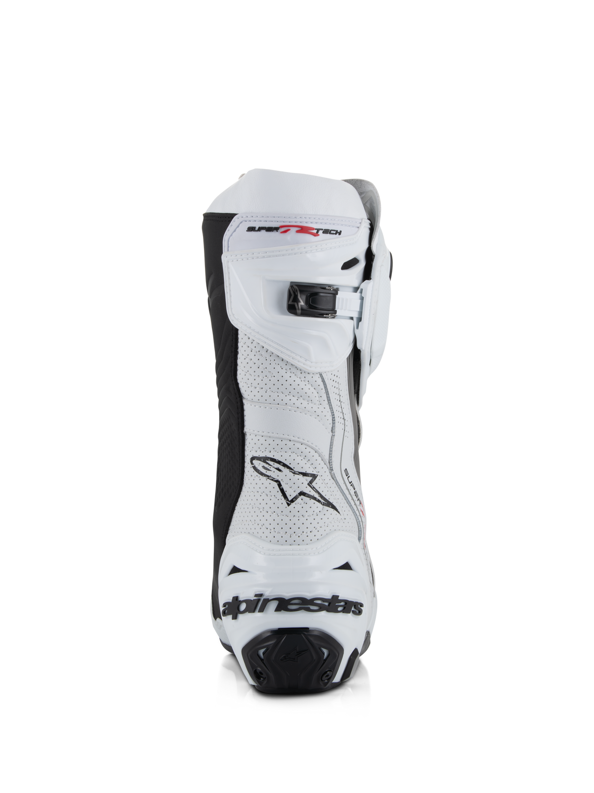 Bottes Alpinestars Supertech R Vented, blanc, gris moyen et noir, vue arrière avec tige en microfibre perforée, fermeture à cliquet micro-ajustable sur le dessus et protection de talon intégrée avec logo Alpinestars