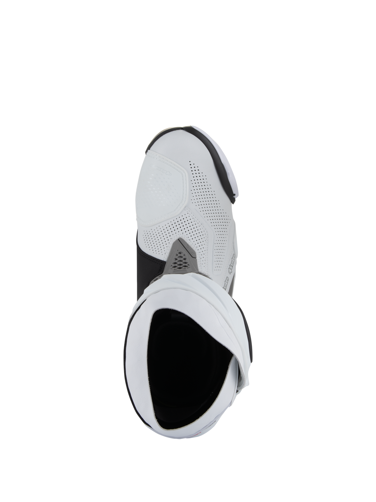 Bottes Alpinestars Supertech R Ventilées, bottes de course moto, blanc, gris moyen et noir, vue de dessus plongeante regardant dans l'ouverture de la botte, avec une construction en microfibre perforée et un design racing épuré