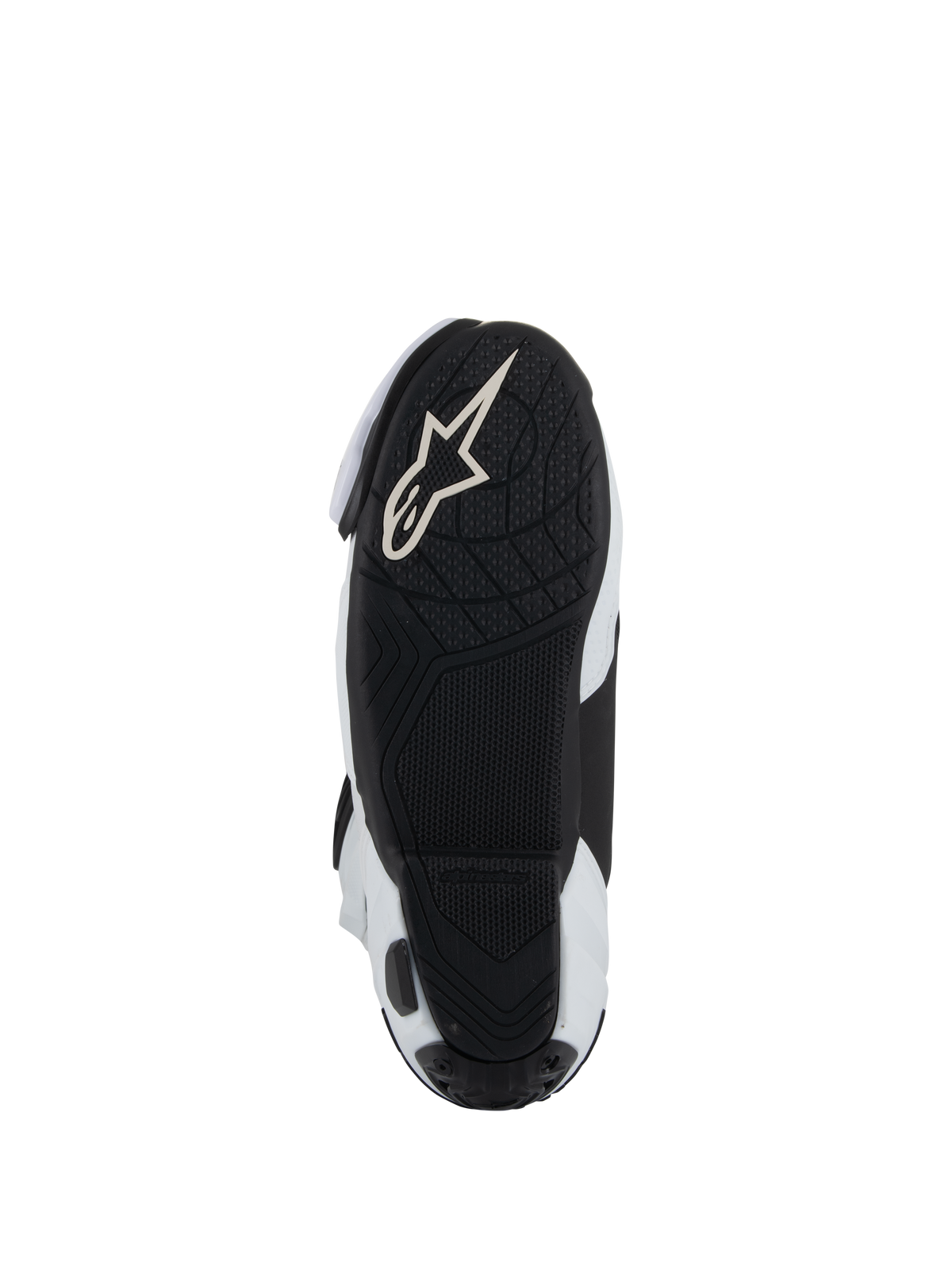 Semelle des bottes Alpinestars Supertech R Vented, semelle extérieure en caoutchouc léger noir avec relief texturé pour l'adhérence sur les repose-pieds, logo Alpinestars Astar blanc, coloris blanc et noir