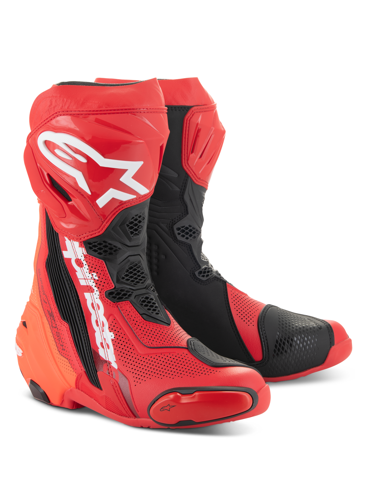 Alpinestars Supertech R Vented laarzen, hoogwaardige race-motorlaarzen, felrood en zwart, voorzien van uitgebreide perforaties, wit A-star logo op de scheen en duurzame TPU beschermingspanelen