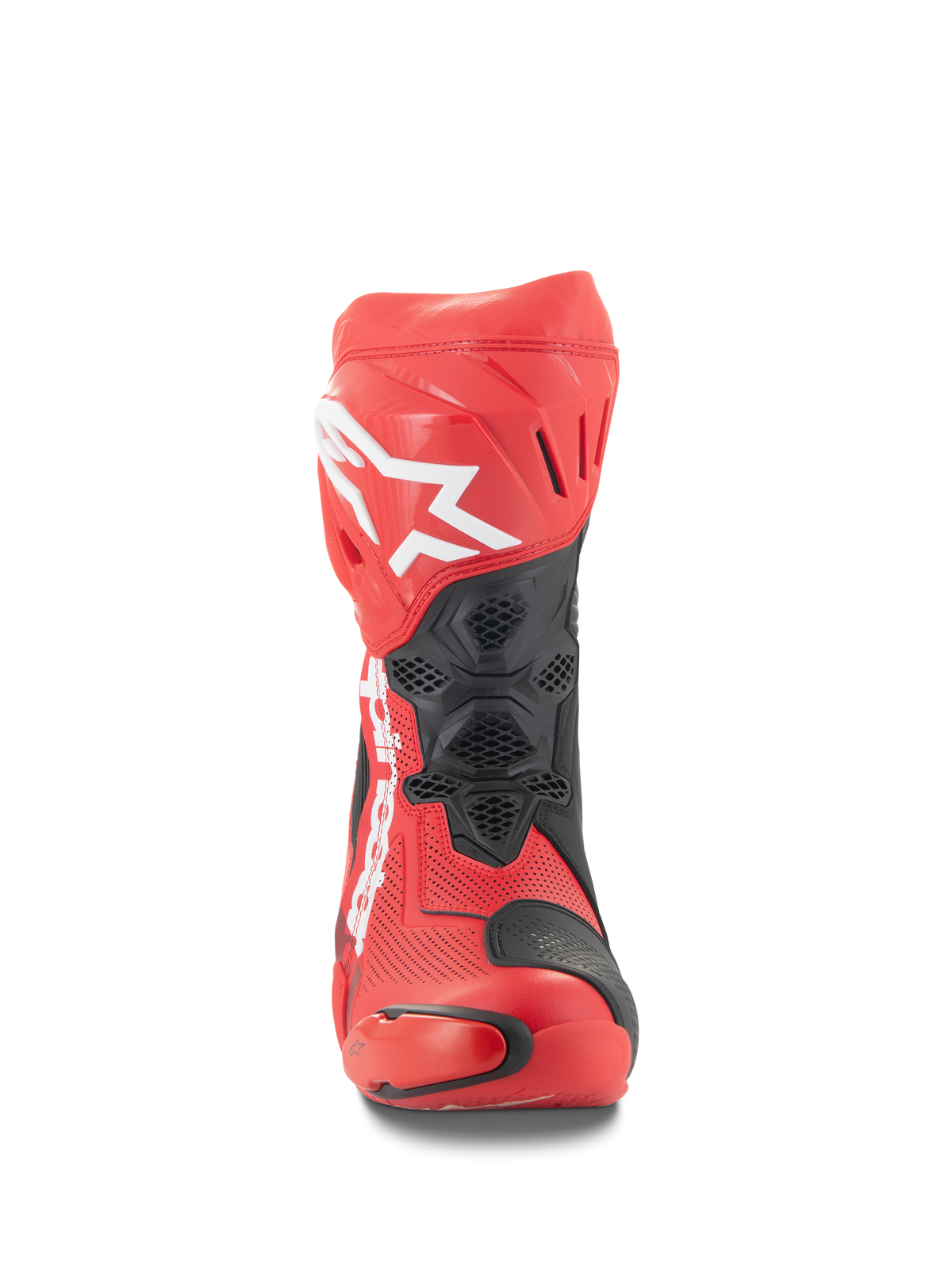 Alpinestars Supertech R Vented laarzen, vooraanzicht, helderrood en fluo rood met zwarte accenten, wit Alpinestars-logo op de scheen, geperforeerde microvezelconstructie voor luchtstroom, beschermende TPU-panelen voor racen