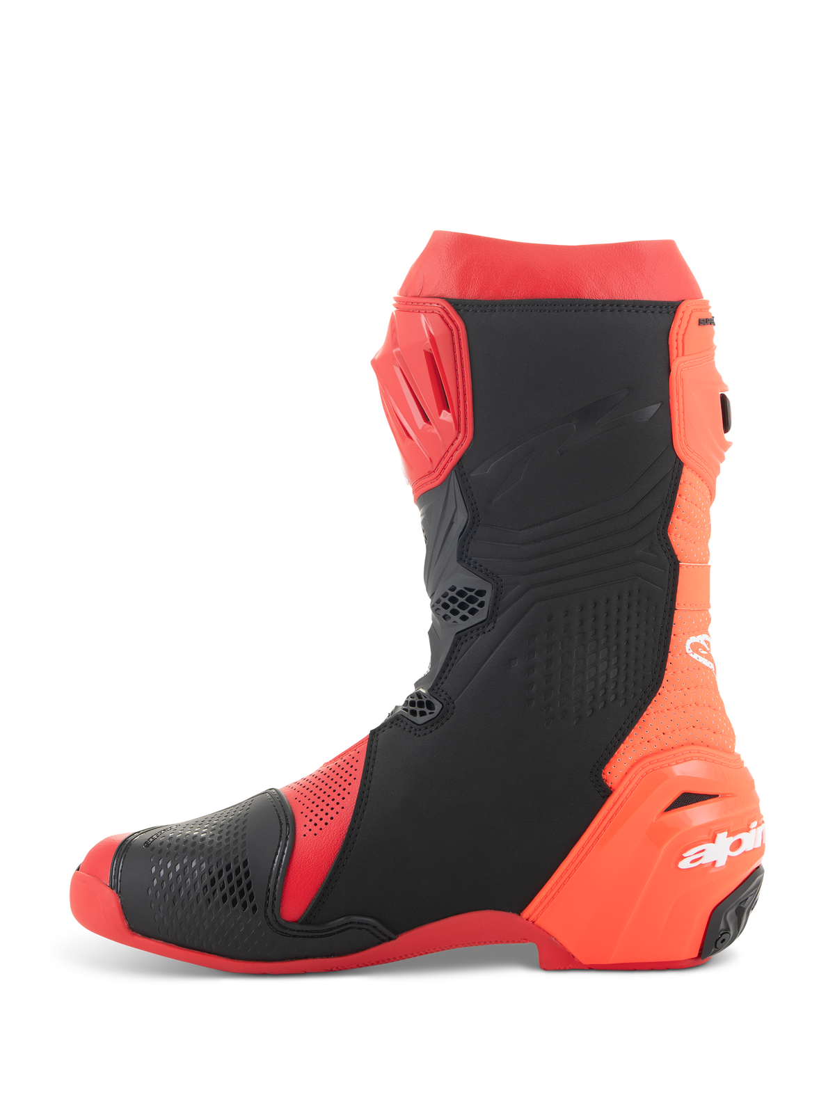 Alpinestars Supertech R Vented laarzen, motorracelaarzen, helder rood en fluo rood met zwarte accenten, zijaanzicht met uitgebreide perforaties voor maximale luchtstroom en TPU-beschermingspanelen