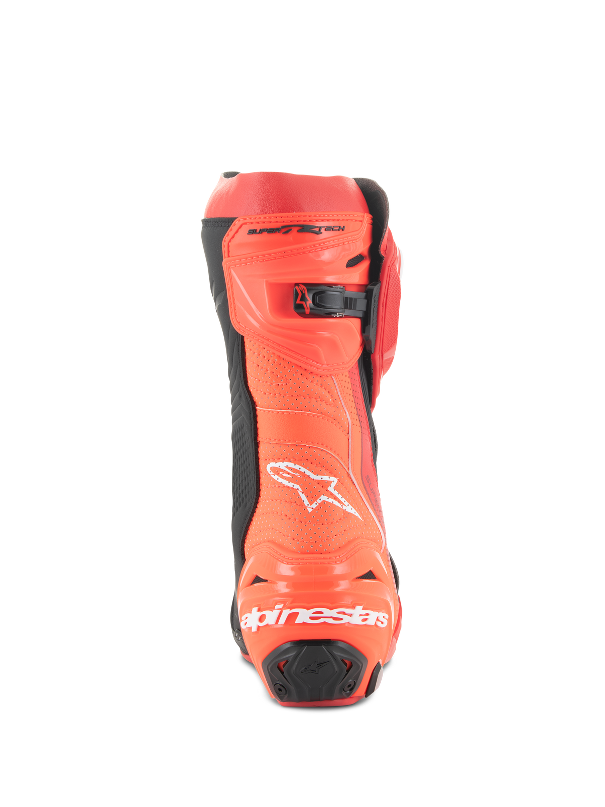 Alpinestars Supertech R Vented laarzen, racing motorlaarzen, helderrood en fluorood, achteraanzicht met geperforeerde constructie voor ventilatie, TPU hielbeschermers en wit Alpinestars logo