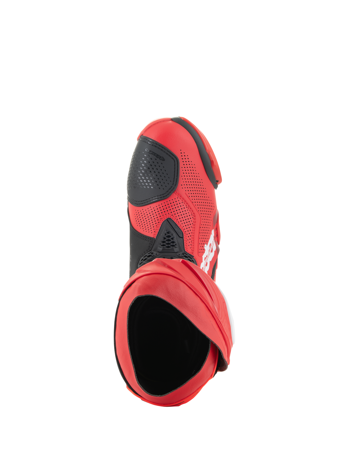 Alpinestars Supertech R Vented laarzen, racelaarzen, Bright Red en Red Fluo, bovenaanzicht met de opening van de laars, geperforeerd bovenwerk van microvezel met zwart schakelpaneel, professionele motorlaarzen voor circuit- en wegrace