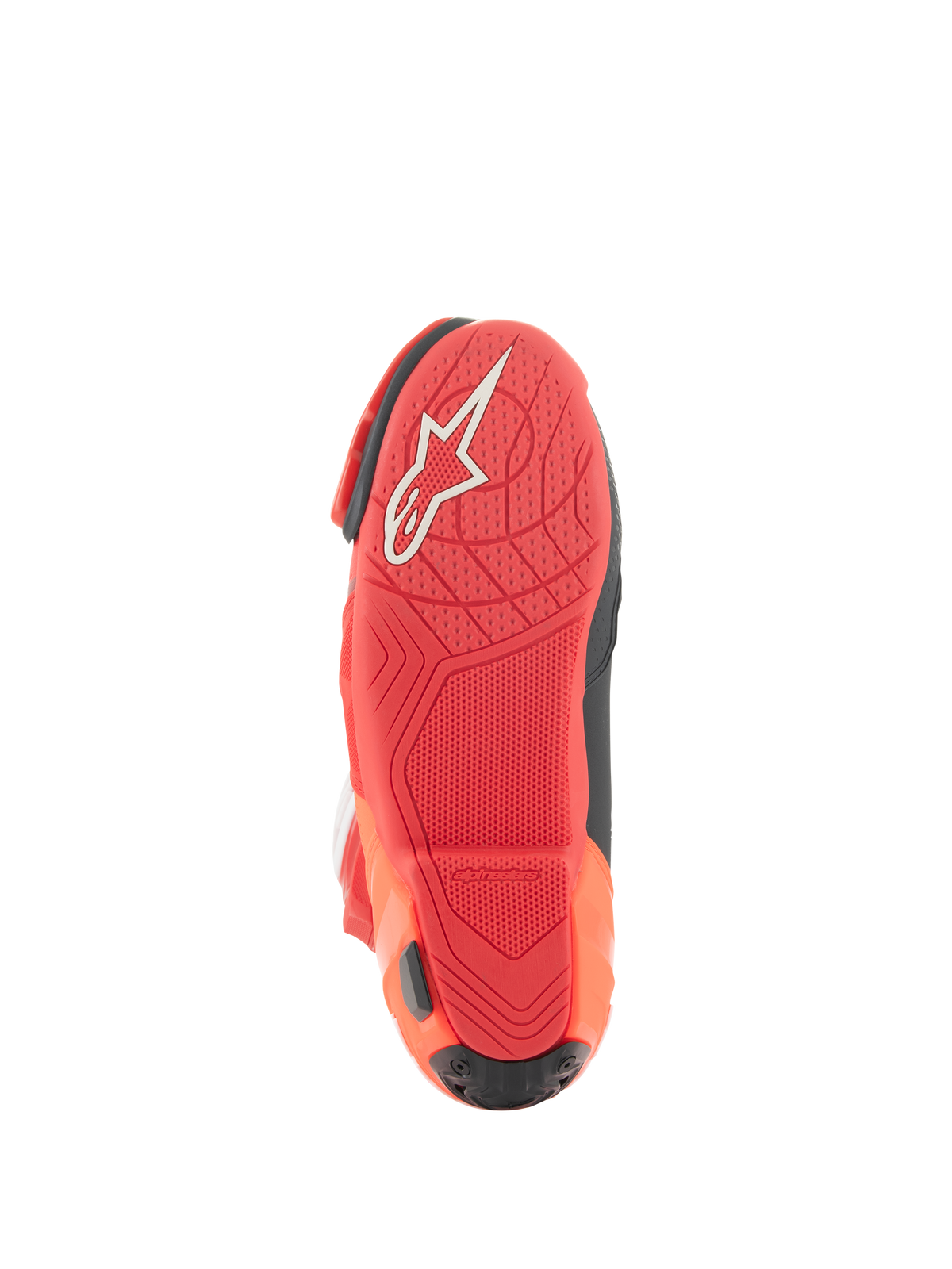 Alpinestars Supertech R Vented Boots, racelaarzen, Bright Red en Red Fluo, zoolaanzicht met een lichtgewicht rubbersamenstelling, wit Alpinestars-logo en een getextureerd grippatroon voor voetsteunen.