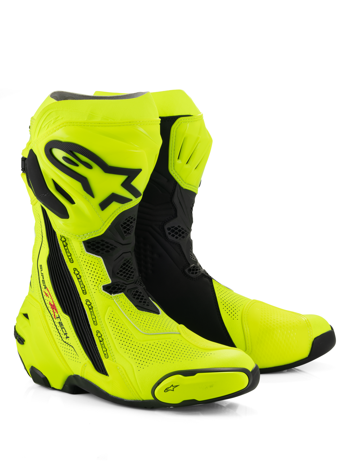 Alpinestars Supertech R Vented motorlaarzen, racelaarzen, felgeel fluo en zwart, voorzien van uitgebreide perforaties voor luchtstroom, zwarte TPU-scheenplaat en hielbeschermers, slank aerodynamisch profiel voor hoogwaardig gebruik op het circuit en de weg