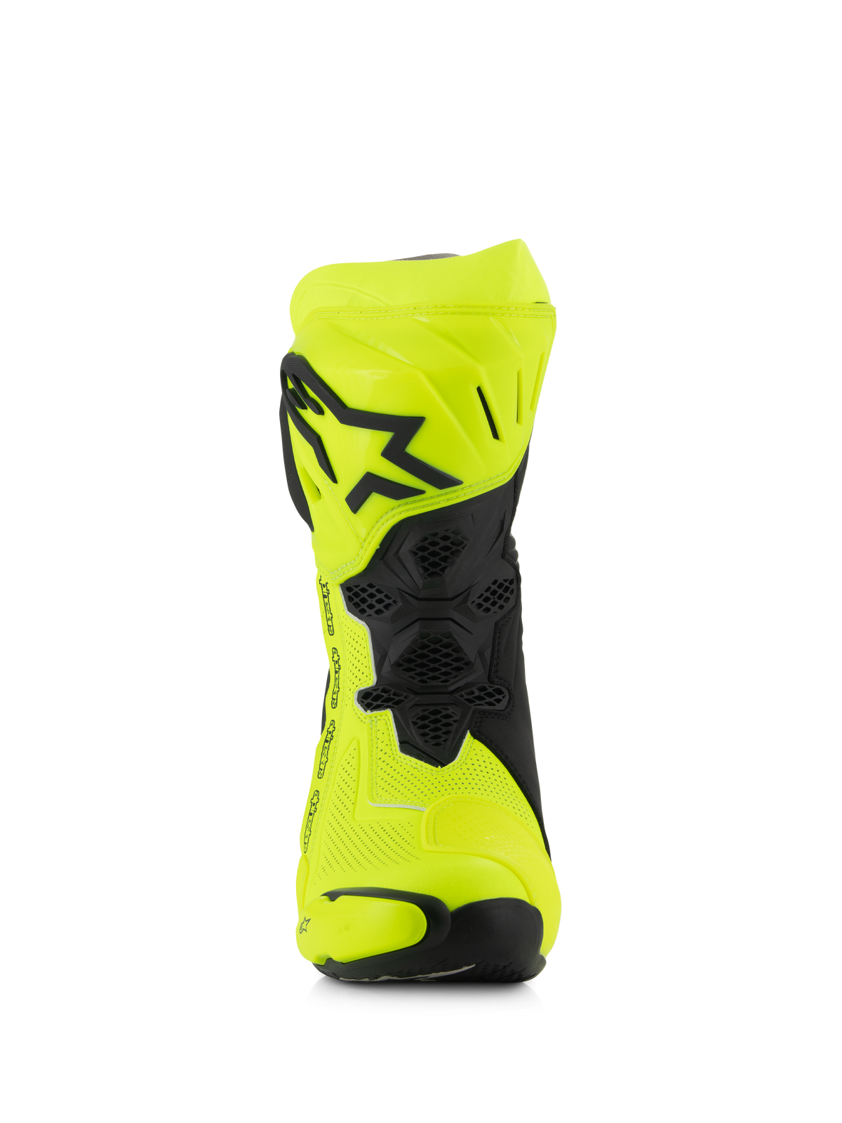 Alpinestars Supertech R Vented Boots, motorrace-laarzen, geel fluo en zwart, vooraanzicht met geperforeerd microvezel, TPU-scheenplaat met zwart ster-logo en ventilatiegaas voor maximale luchtstroom.