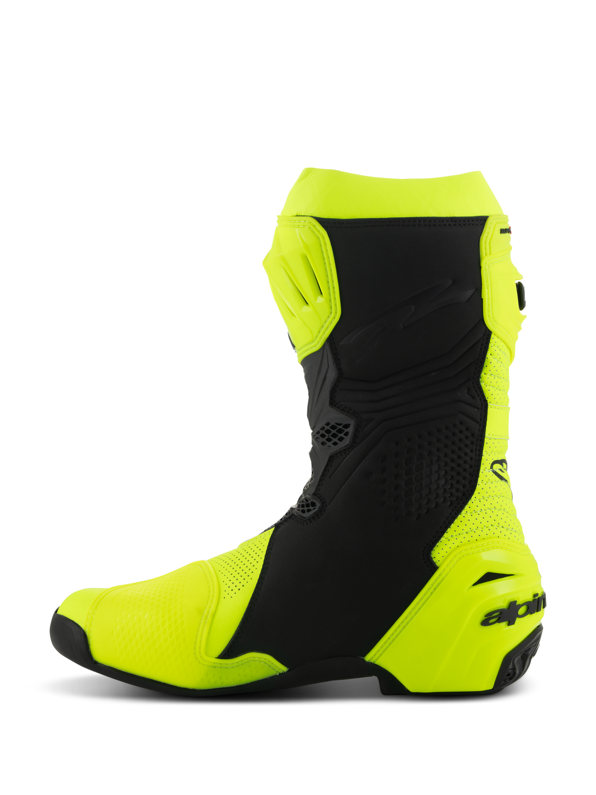Alpinestars Supertech R Vented laarzen, professionele race motorlaarzen, fluoriserend geel en zwart, mediaal zijprofiel, geperforeerde microvezelconstructie voor hoge luchtstroom, TPU beschermende scheen- en hielplaten, gestroomlijnd aerodynamisch ontwerp voor competitief circuitrijden