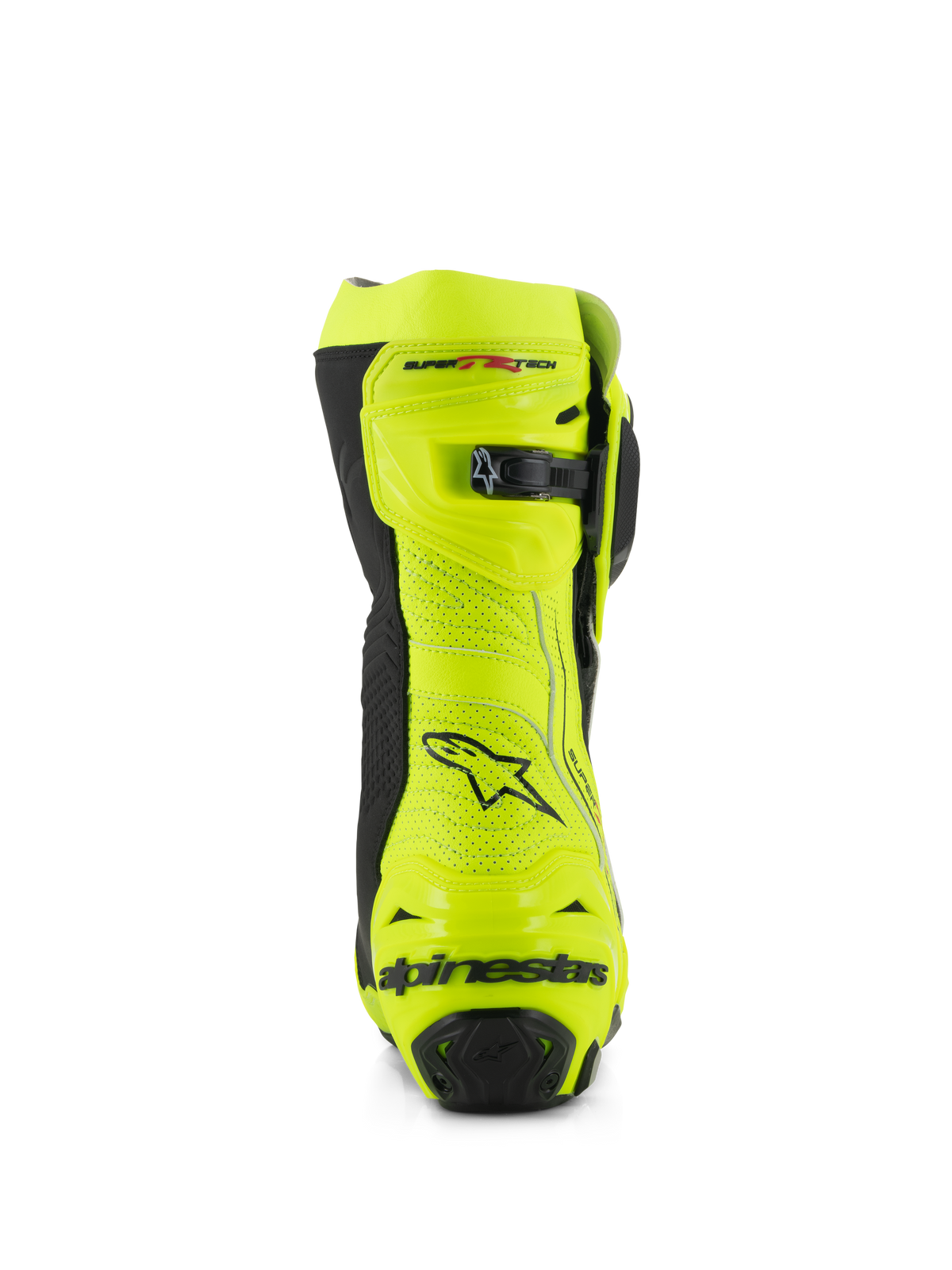 Alpinestars Supertech R Vented laarzen, achteraanzicht, fluogeel en zwart, met geperforeerde microvezelconstructie, micro-verstelbare ratelsluiting aan de bovenkant en zwarte Alpinestars-branding op de hiel, professionele racelaarzen