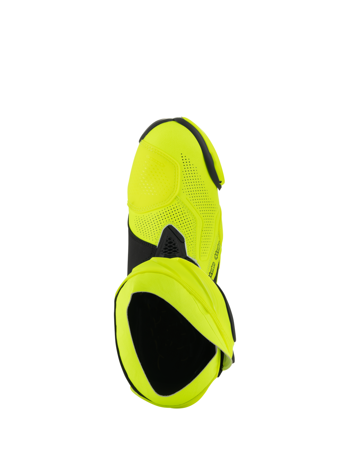 Alpinestars Supertech R Vented laarzen, motorrace-laarzen, Yellow Fluo en zwart, bovenaanzicht met uitgebreide laserperforaties en opening van de binnenlaars.