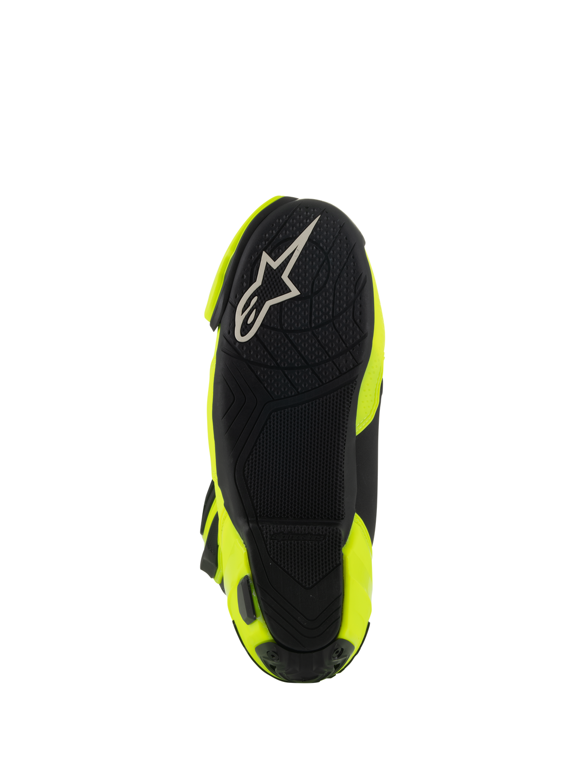 Alpinestars Supertech R Vented Boots, onderaanzicht van de zwarte rubberen zool, getextureerd grippatroon voor voetsteunen, wit A-star logo, Yellow Fluo en Black race-motorlaars