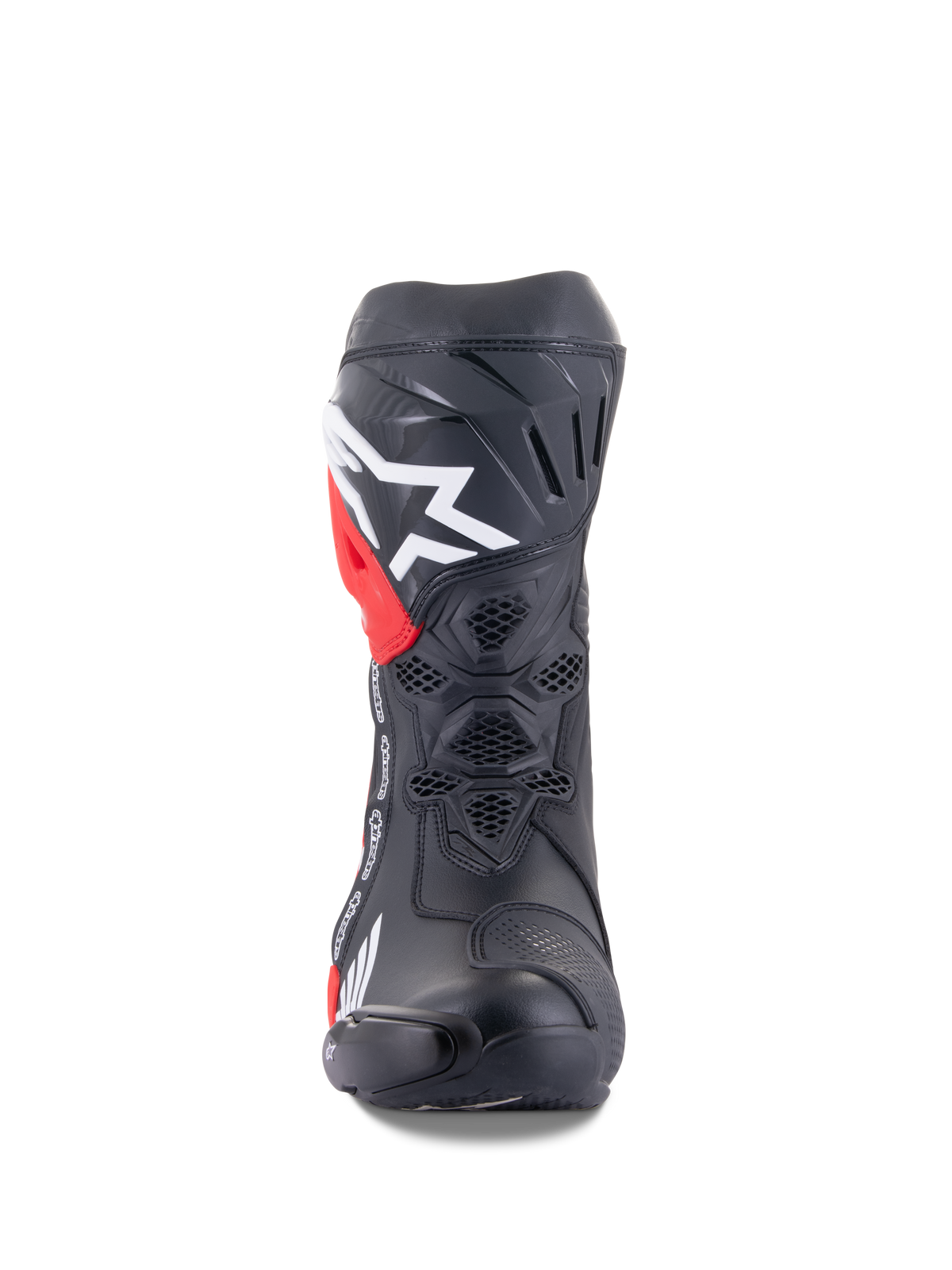 Alpinestars Honda Supertech R Stiefel, Motorrad-Rennstiefel, Schwarz mit roten und weißen Akzenten, Vorderansicht mit Waben-Mesh-Belüftung, großes weißes Logo am Schienbein, Hochleistungs-Mikrofaser-Konstruktion