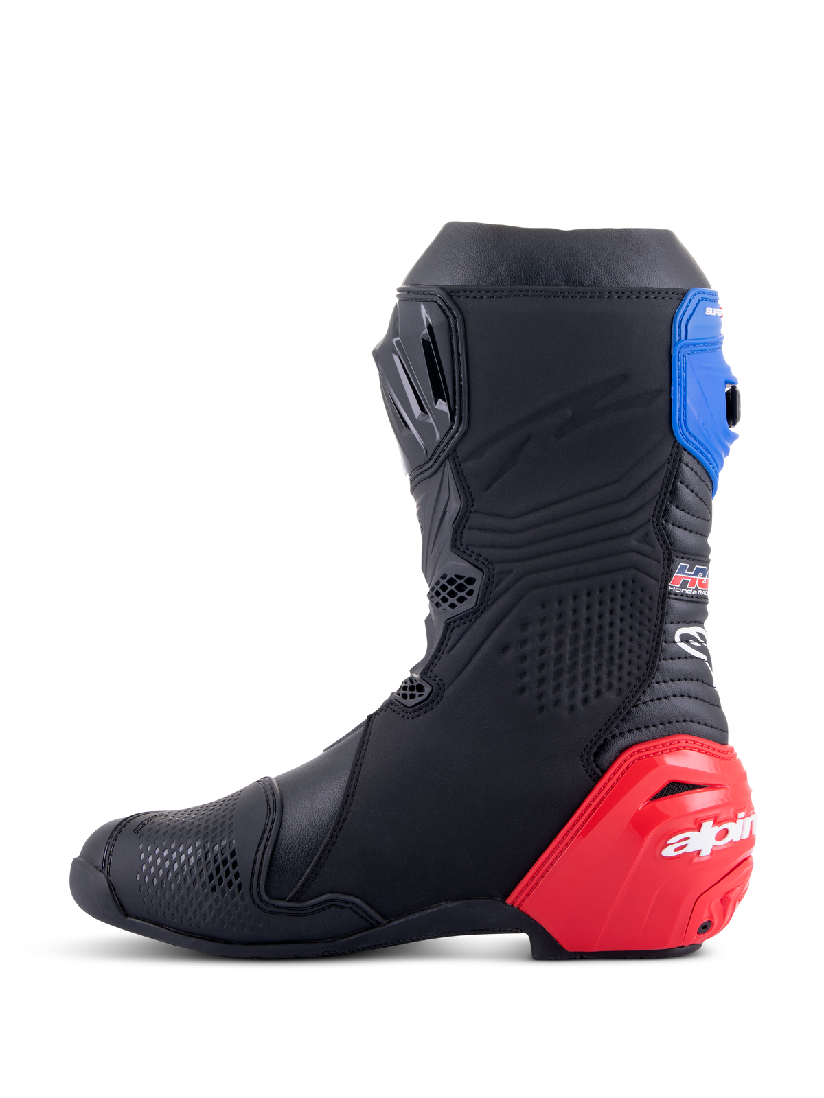 Alpinestars Honda Supertech R Stiefel, Rennmotorradstiefel, Schwarz mit hellroten und blauen Akzenten, mit markantem rotem TPU-Fersenschleifer, blauer oberer Gamasche und Alpinestars-Branding, technisches Design für professionelle Rennstrecken- und Straßenperformance.