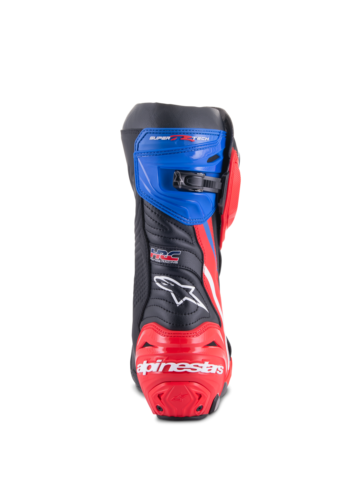 Alpinestars Honda Supertech R Stiefel, Motorrad-Rennstiefel, Schwarz, leuchtendes Rot und Blau, Rückansicht mit einer rot verstärkten Ferse mit weißem Branding, blauer oberer Gamasche mit mikroverstellbarem Ratschenverschluss und HRC-Logo auf der Rückseite
