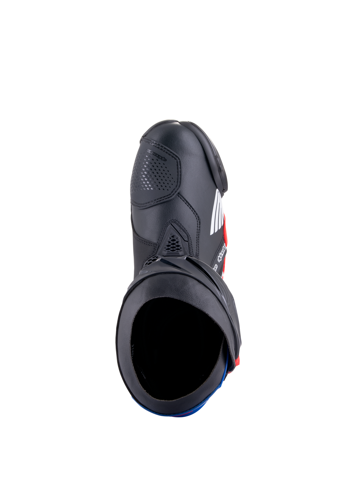 Alpinestars Honda Supertech R Stiefel, Motorrad-Rennstiefel, Schwarz, Hellrot und Blau, Draufsicht mit Darstellung der Stiefelöffnung und Mikrofaser-Konstruktion, schützende TPU-Platten und aerodynamisches Renndesign