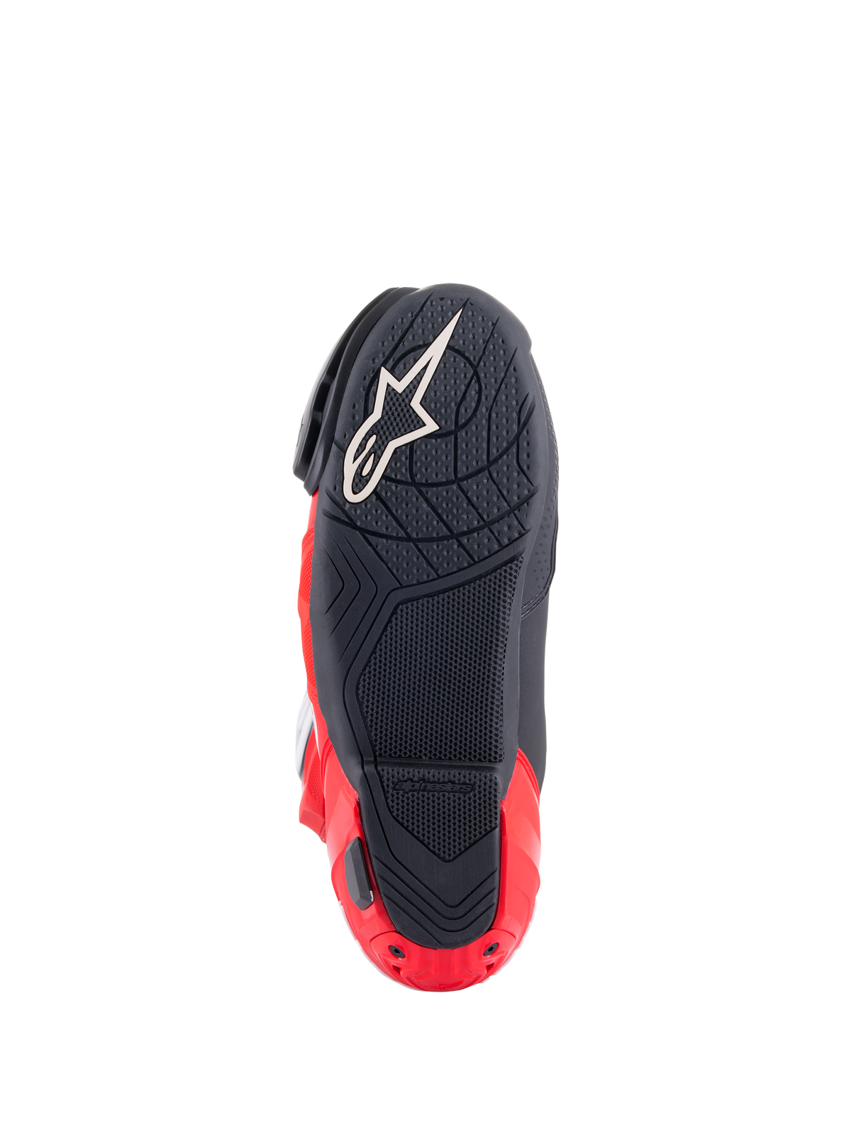 Alpinestars Honda Supertech R Stiefel, Sohlenansicht, Schwarz und leuchtendes Rot, mit strukturierter Gummimischung für Grip, weißem Astar-Logo am Vorfuß und rotem Fersenplatten-Slider, Hochleistungs-Motorradstiefel für den Rennsport.