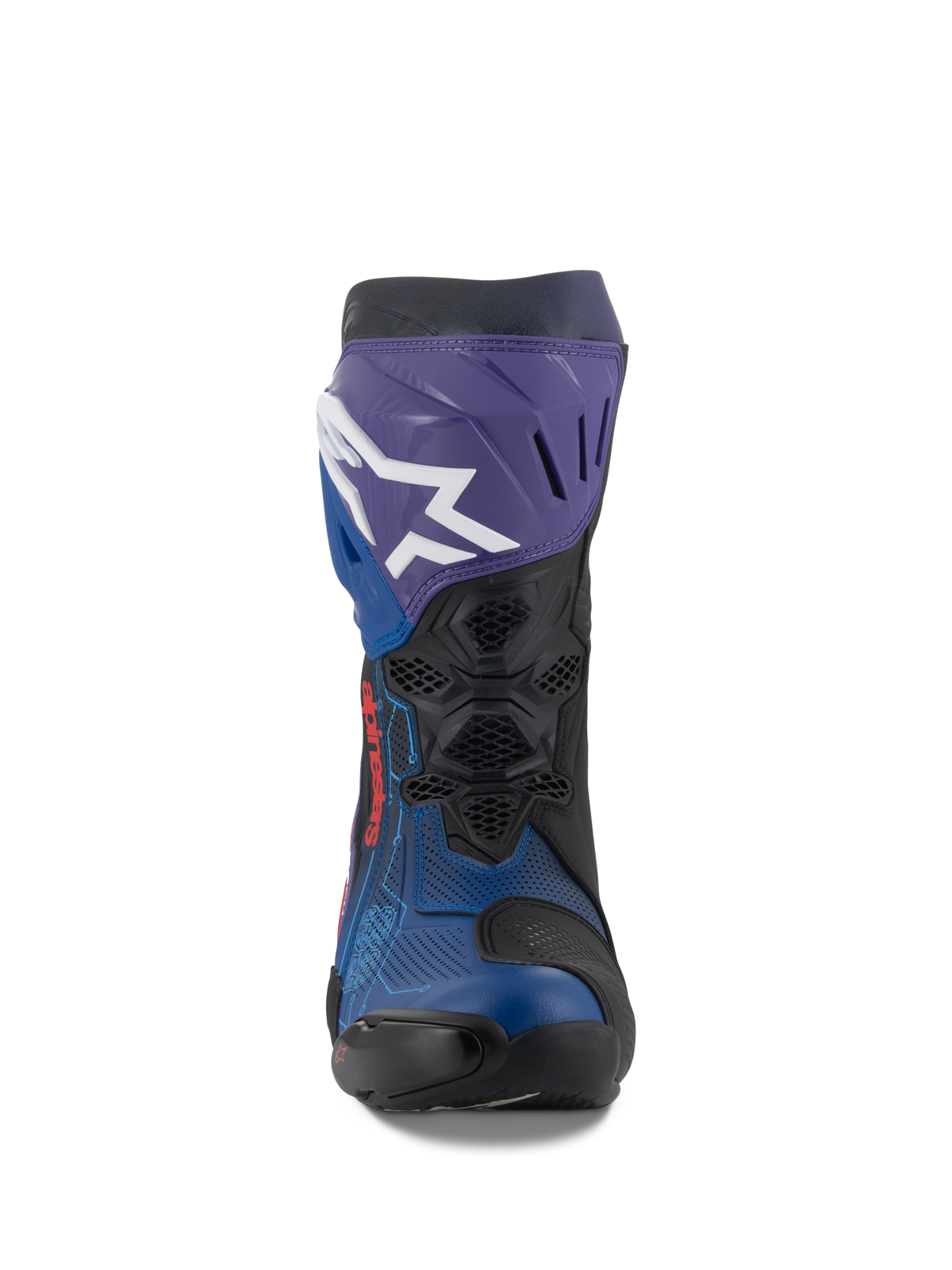 Alpinestars Supertech R LE Martinator R01 Belüftete Stiefel, Rennsport-Motorradstiefel, Blau, Violett, Rot und Schwarz, Vorderansicht mit einem weißen Alpinestars-Logo auf der violetten Schienbeinplatte, perforiertes Mikrofaser-Obermaterial für maximalen Luftstrom, technisches Hochleistungs-Rennsport-Design