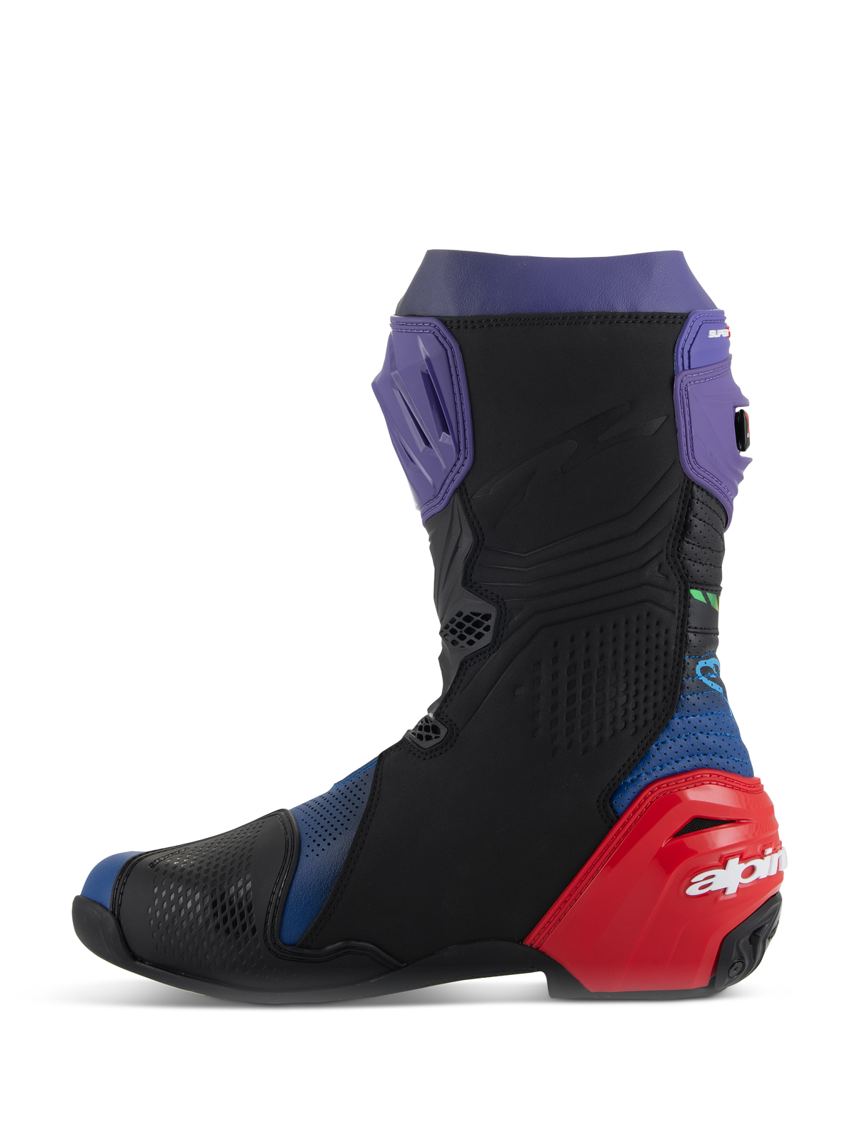 Alpinestars Supertech R LE Martinator R01 belüftete Stiefel, Motorrad-Rennstiefel, Blau, Violett, Rot und Schwarz, Seitenansicht mit perforierter Mikrofaser, violetter Schienbeinplatte und rotem Fersenschutz mit weißem Branding.