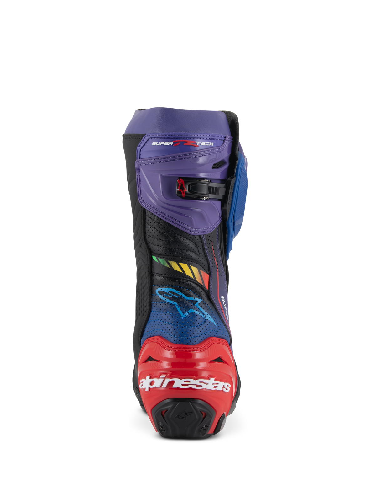 Alpinestars Supertech R LE Martinator R01 Vented Boots, Racing-Motorradstiefel, Blau, Violett, Rot und Schwarz, Rückansicht mit rotem Fersenschutz und weißem Alpinestars-Logo, violetter oberer Gamasche mit verstellbarer Schnalle und perforierter Mikrofaser für die Luftzirkulation.