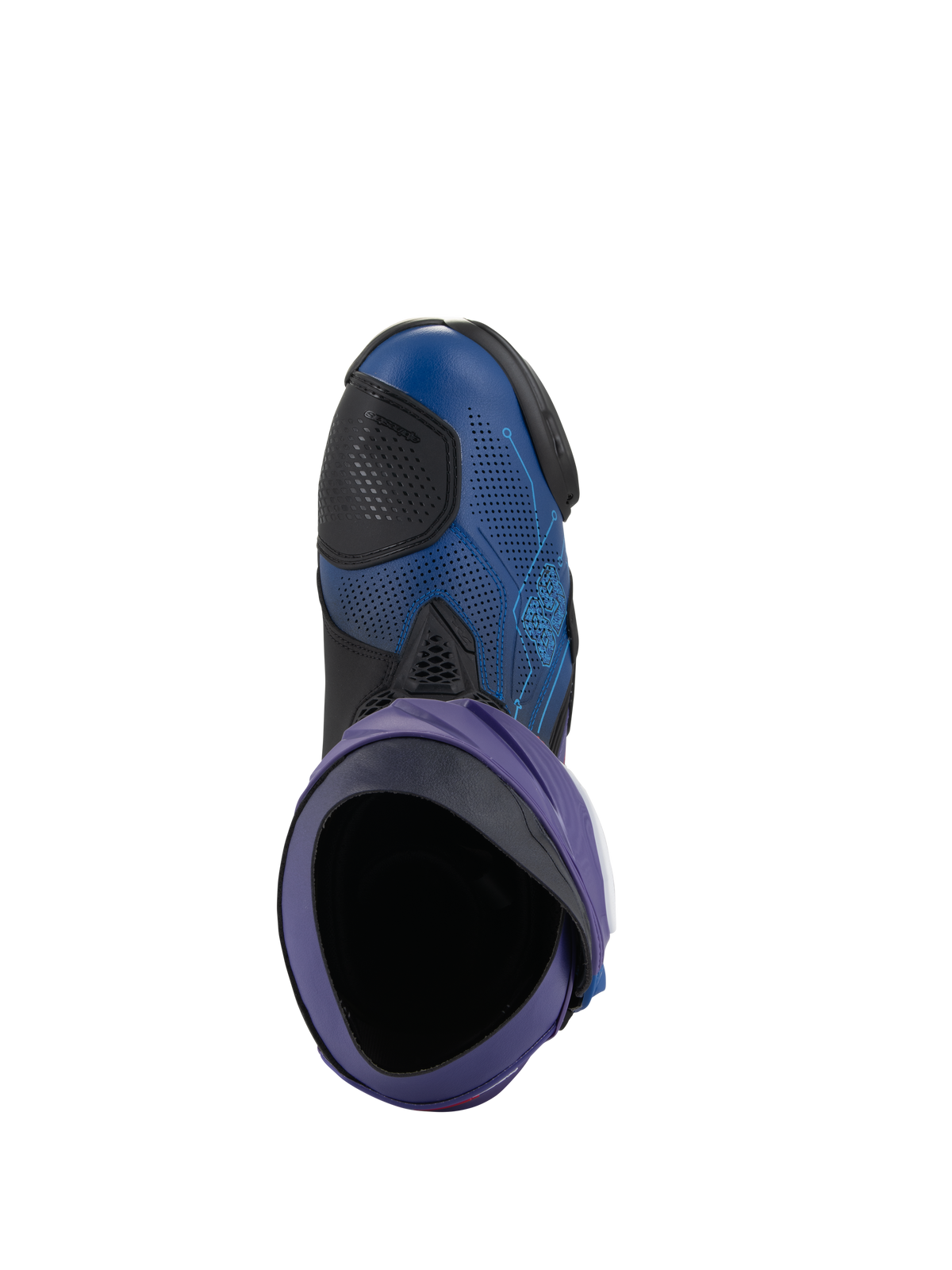 Alpinestars Supertech R LE Martinator R01 Belüftete Stiefel, Motorrad-Rennstiefel, Blau und Lila mit schwarzen Akzenten, Draufsicht mit Blick in den Stiefel, mit perforiertem Mikrofaser-Obermaterial und Racing-Design