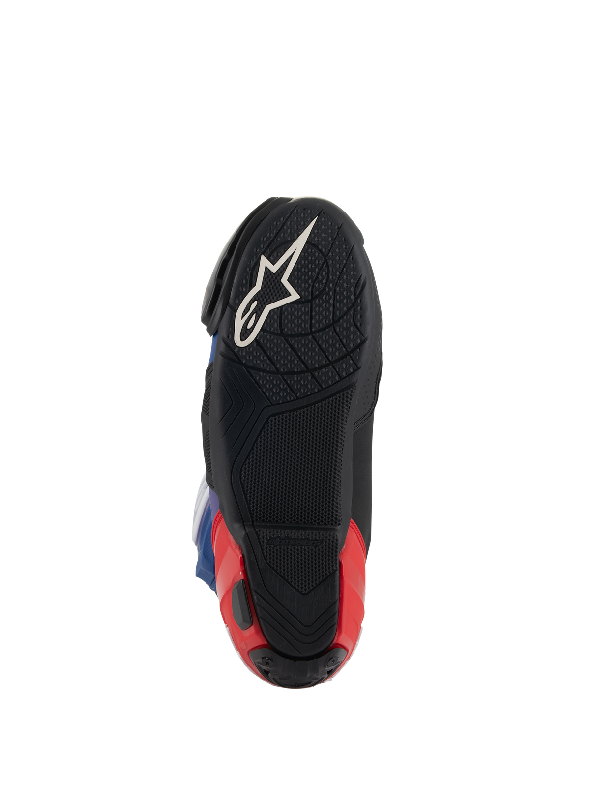 Alpinestars Supertech R LE Martinator R01 Belüftete Stiefel, Sohlenansicht, Schwarz mit weißem Astars-Logo und roter Ferse, strukturierte Gummimischung für Grip, Performance-Rennstiefel